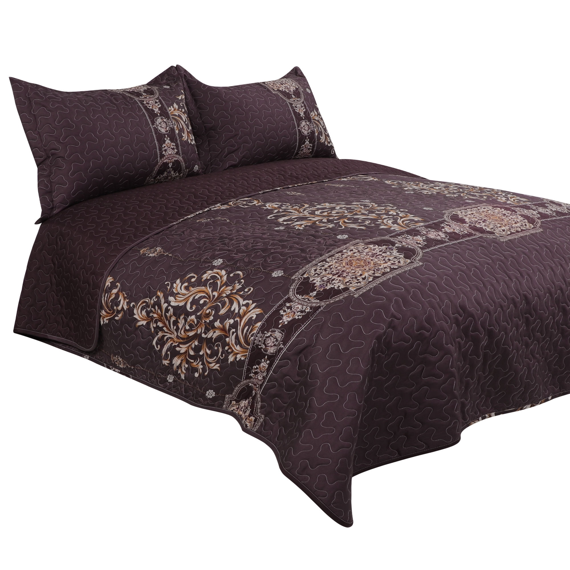 Unique Bargains Floral Polyester Bedspread Set, Queen, Purple, 3Piece