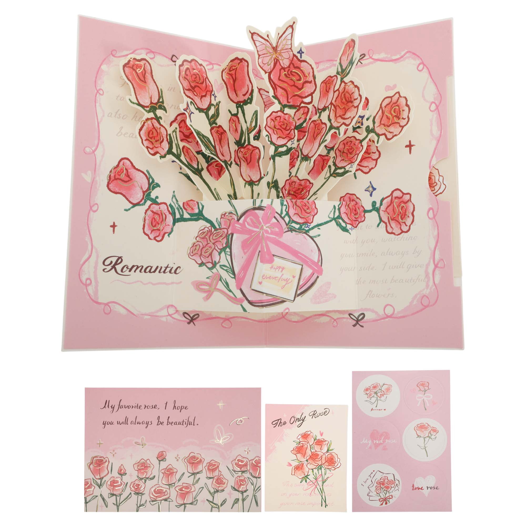 Unique Bargains Floral Pops Up Card 3D Greeting Cards with Envelope Pink Bouquet