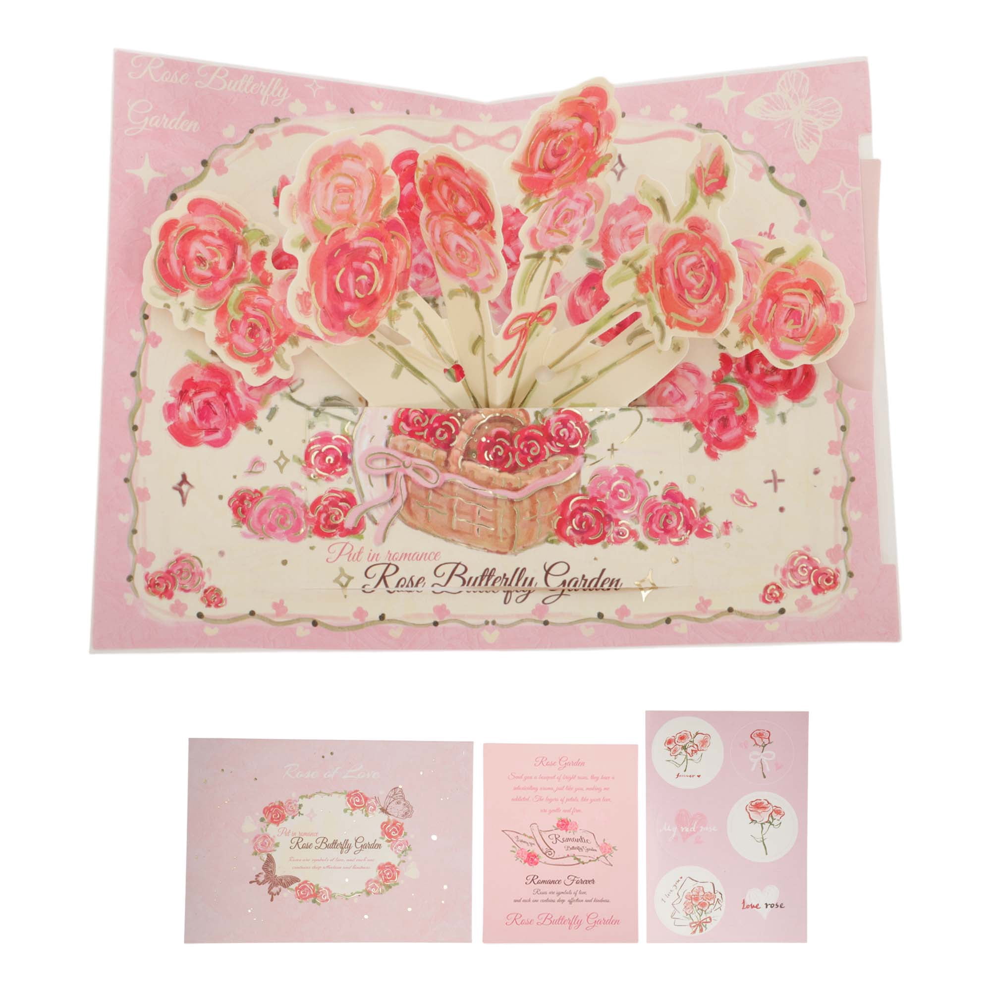 Unique Bargains Floral Pops Up Card 3D Greeting Cards with Envelope Pink Butterfly Rose