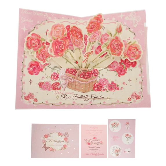 Unique Bargains Floral Pops Up Card 3D Greeting Cards with Envelope Pink Butterfly Rose