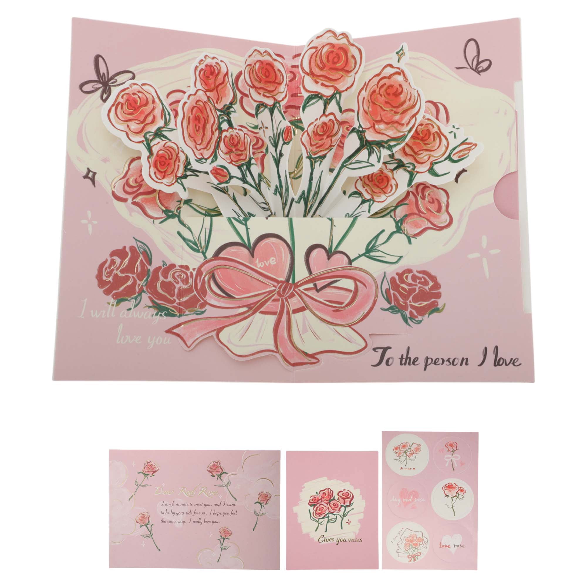 Unique Bargains Floral Pops Up Card 3D Greeting Cards with Envelope Pink Rose Bouquet