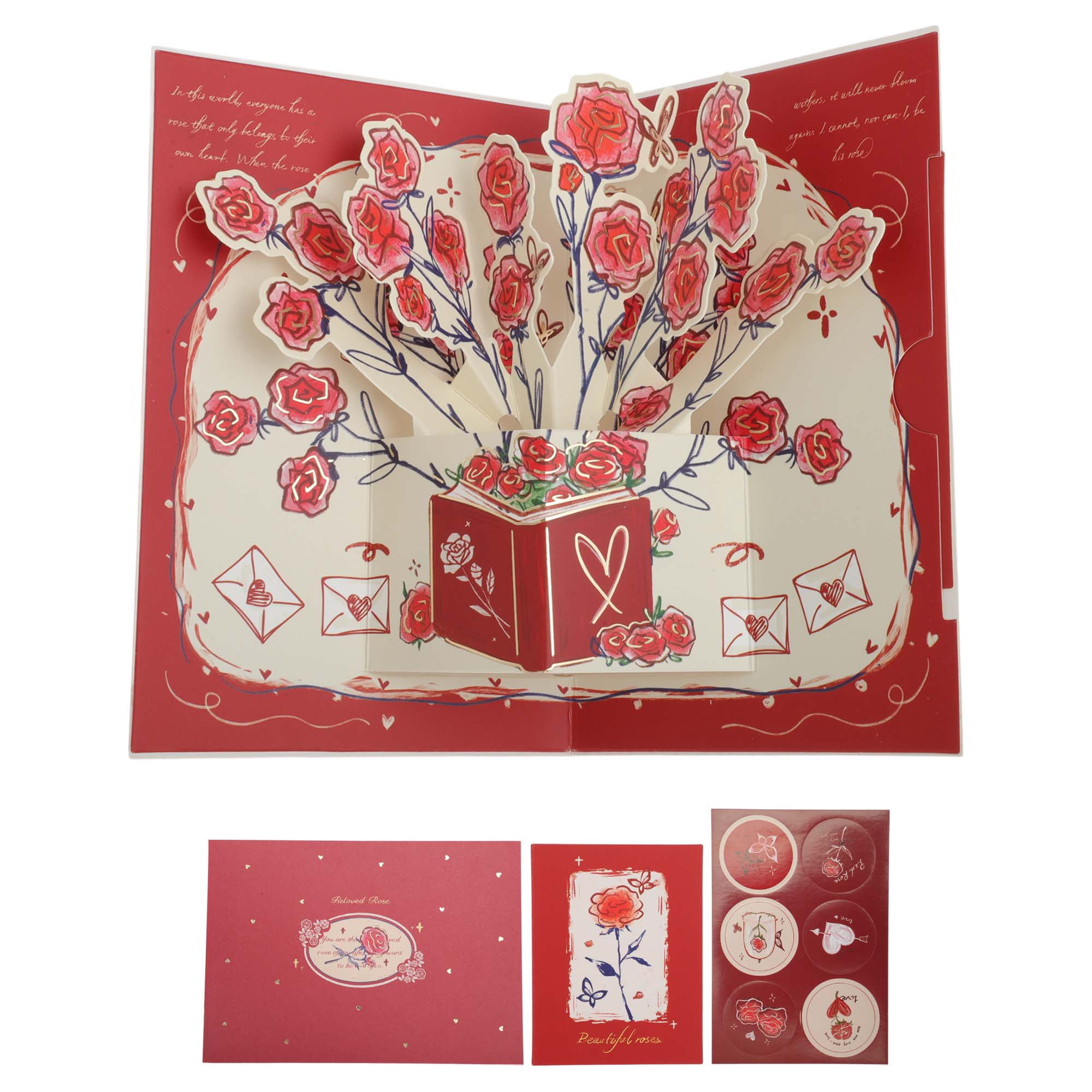 Unique Bargains Floral Pops Up Card 3D Greeting Cards with Envelope Red Bouquet