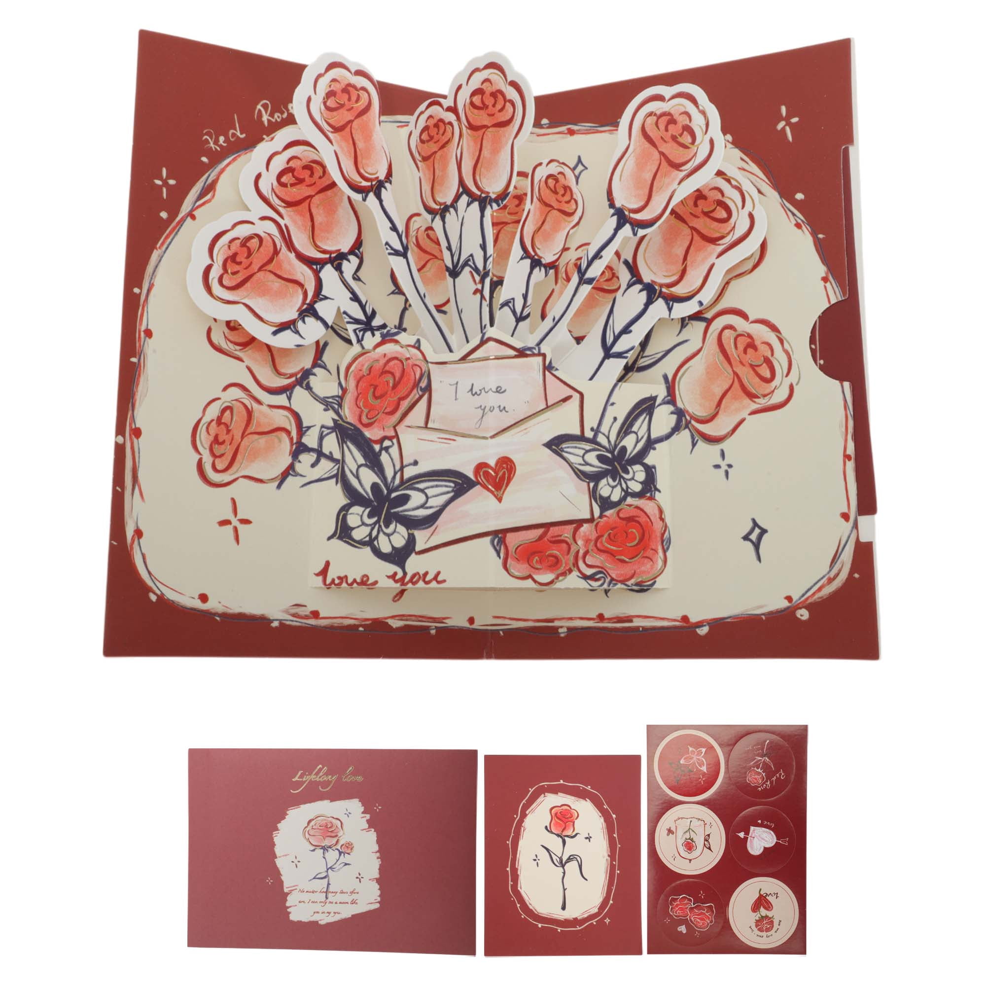 Unique Bargains Floral Pops Up Card 3D Greeting Cards with Envelope Red Rose Bouquet