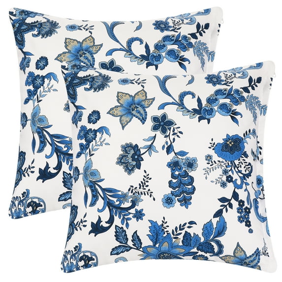 Unique Bargains Floral Printed Home Decor Striped Decorative Pillow Covers (2 Count) Blue 16" x 16"