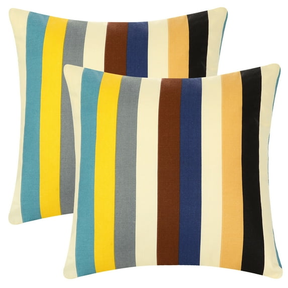 Unique Bargains Floral Printed Home Decor Striped Decorative Pillow Covers (2 Count) Blue Yellow 18" x 18"