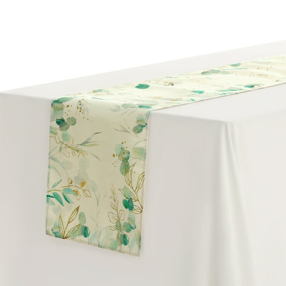 Unique Bargains Floral Printed Linen Printed Table Runner for Daily Decoration Gold Green 13"x71"