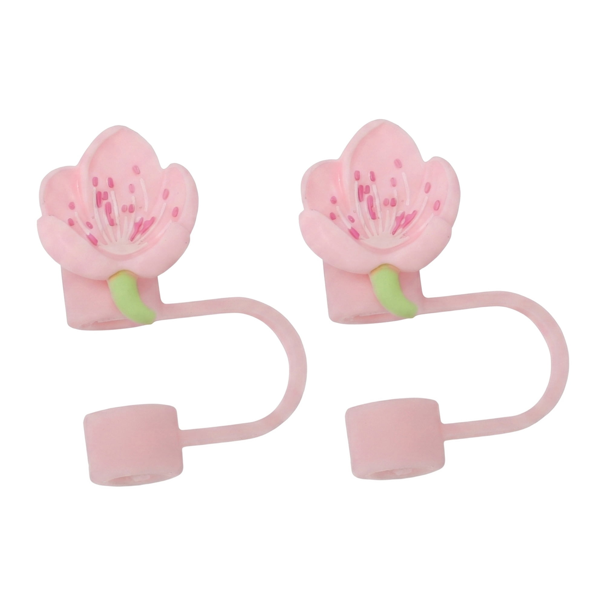 Unique Bargains Floral Silicone Straw Caps Reusable Dust-Proof Toppers Pink C