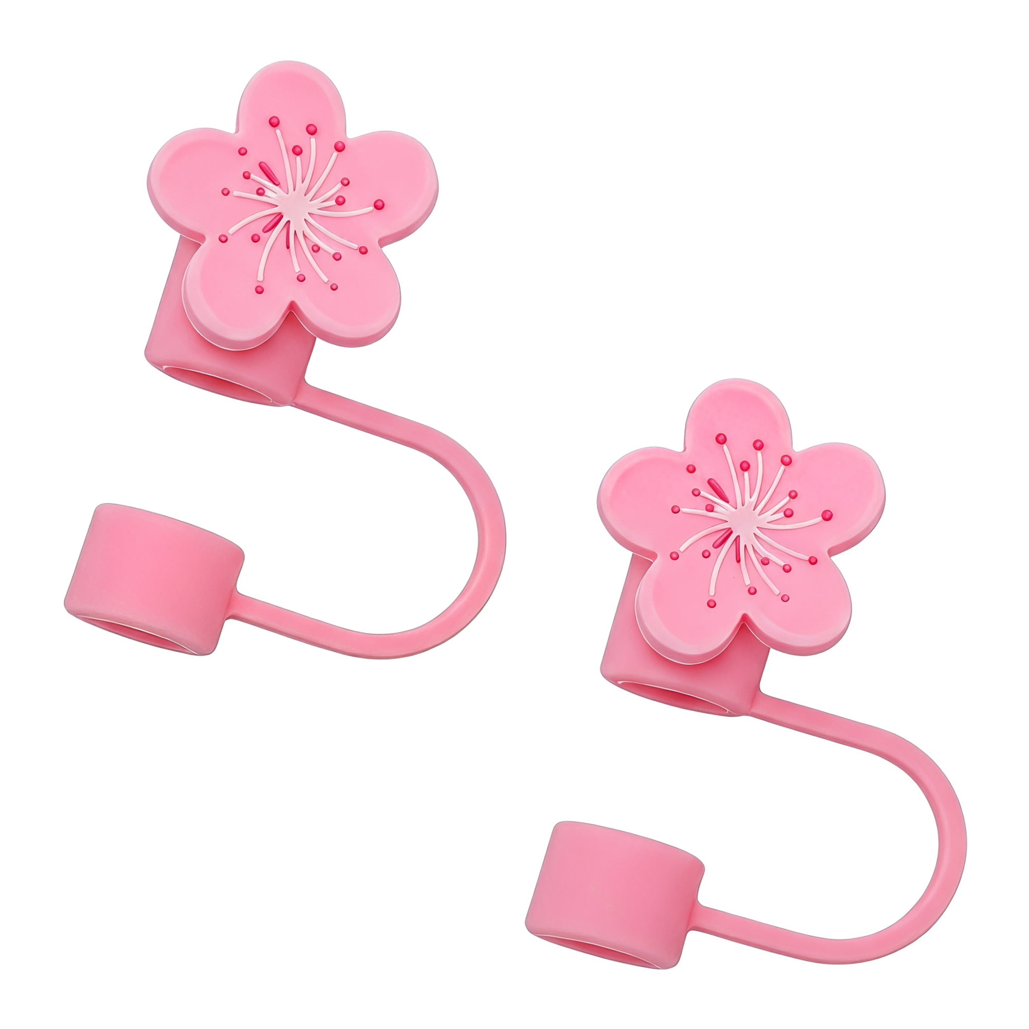 Unique Bargains Floral Silicone Straw Caps Reusable Dust-Proof Toppers Pink D