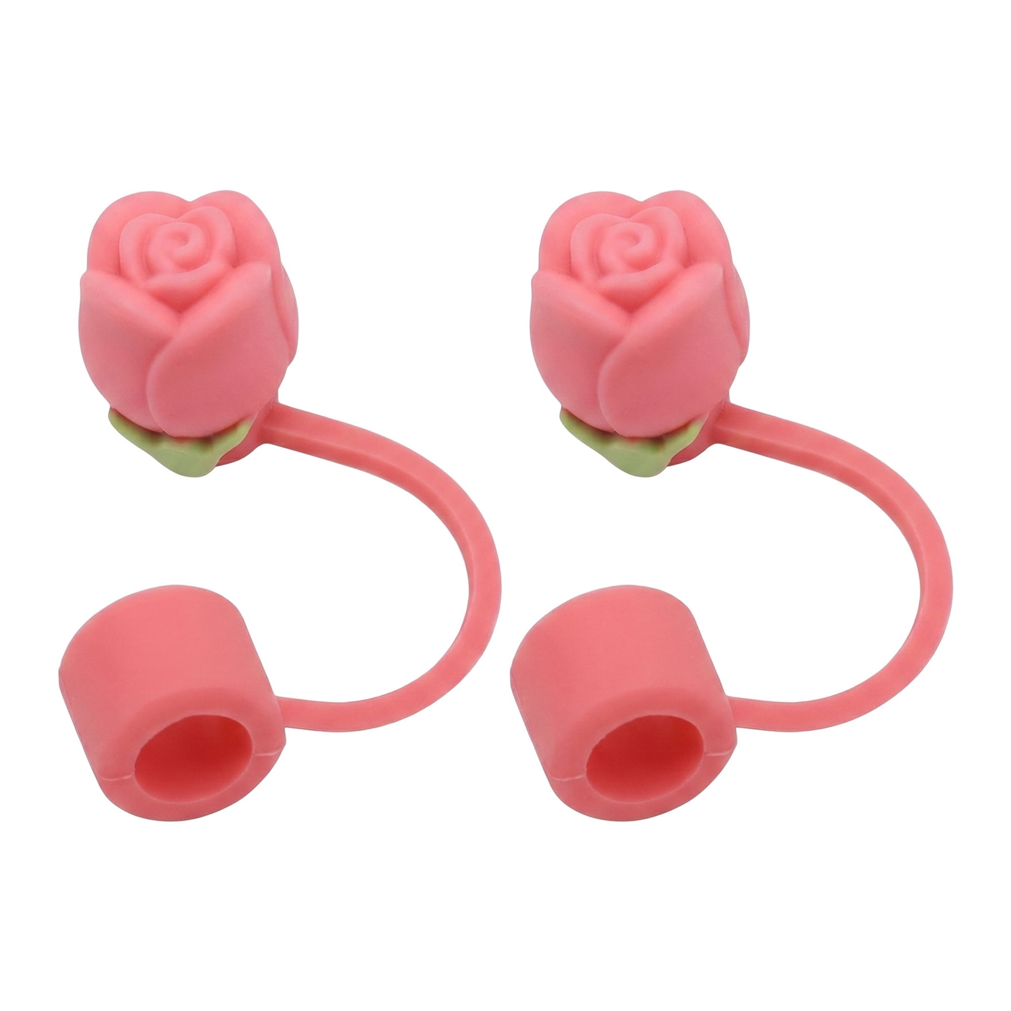 Unique Bargains Floral Silicone Straw Caps Reusable Dust-Proof Toppers Rose Red B