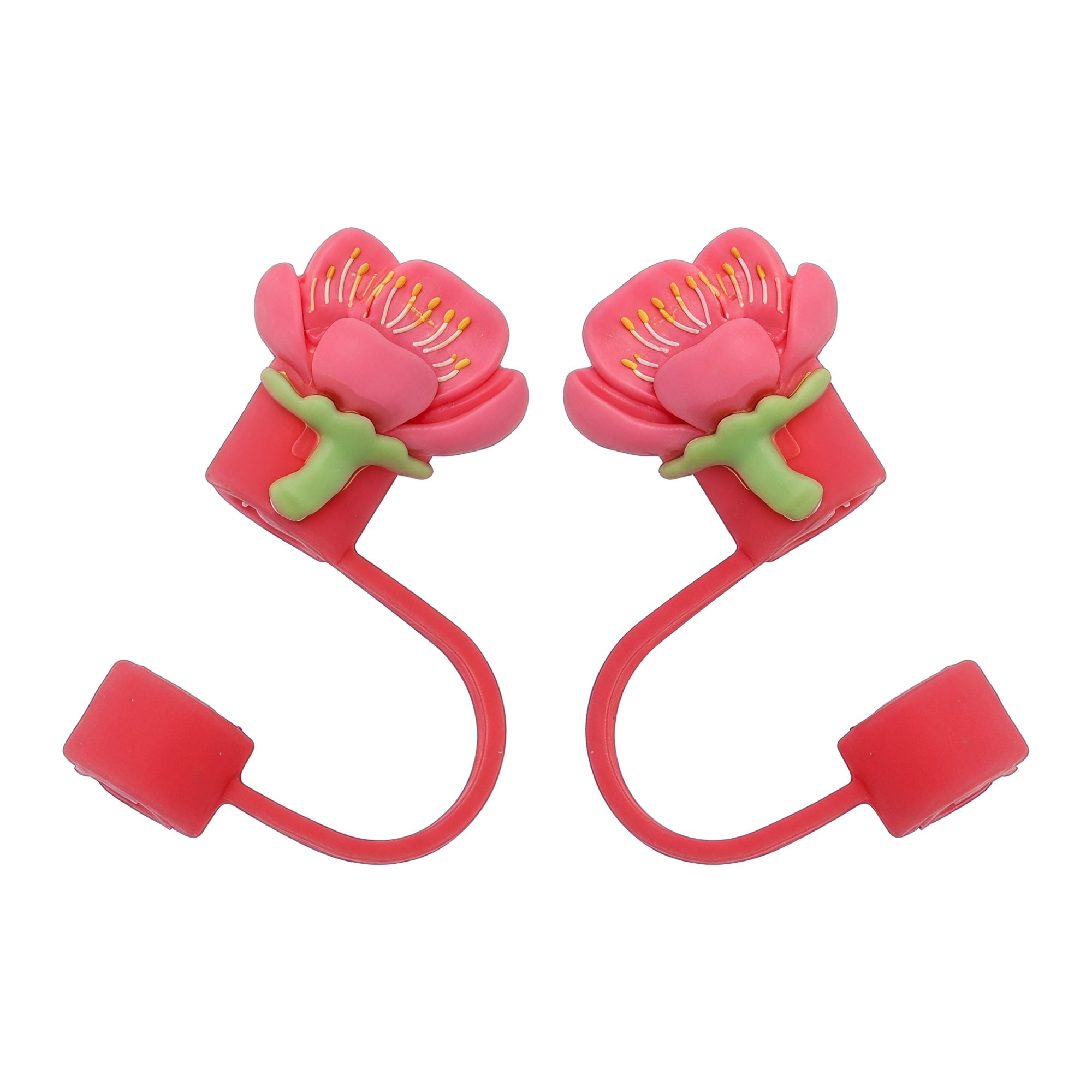 Unique Bargains Floral Silicone Straw Caps Reusable Dust-Proof Toppers Rose Red C
