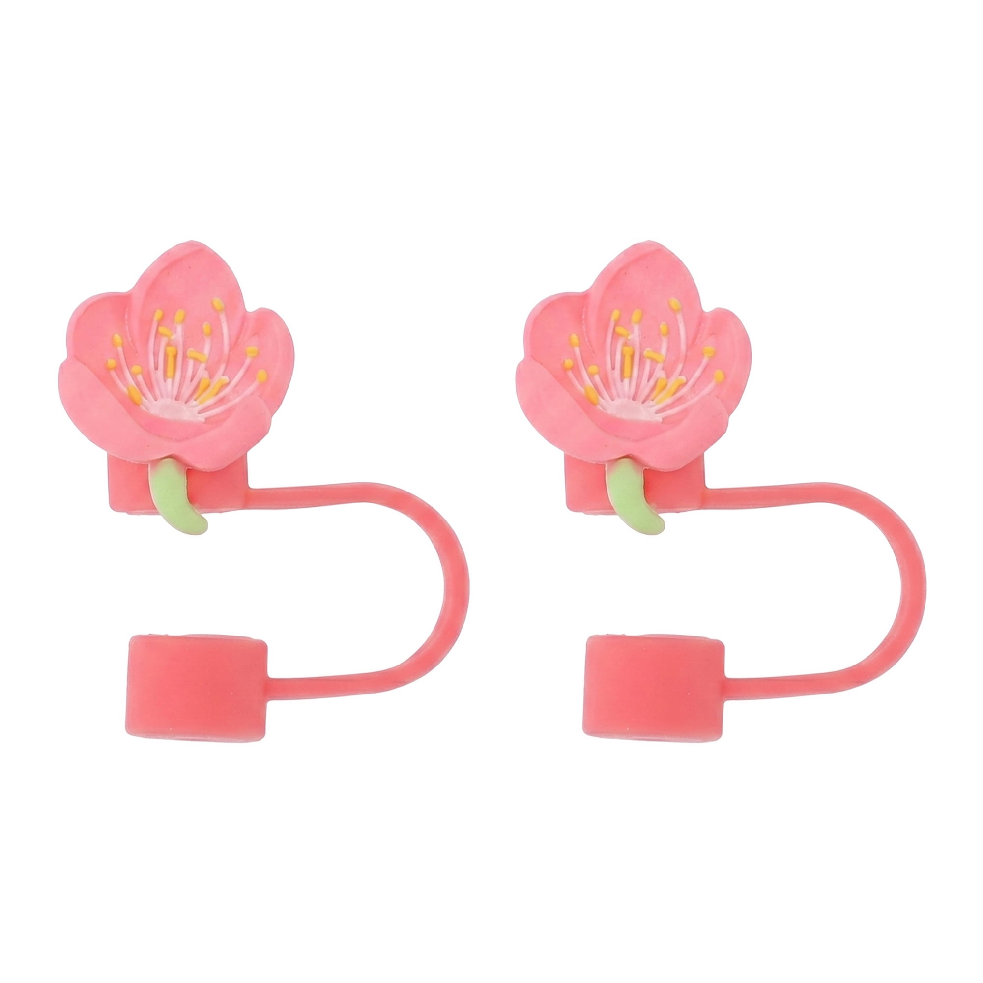 Unique Bargains Floral Silicone Straw Caps Reusable Dust-Proof Toppers Rose Red D