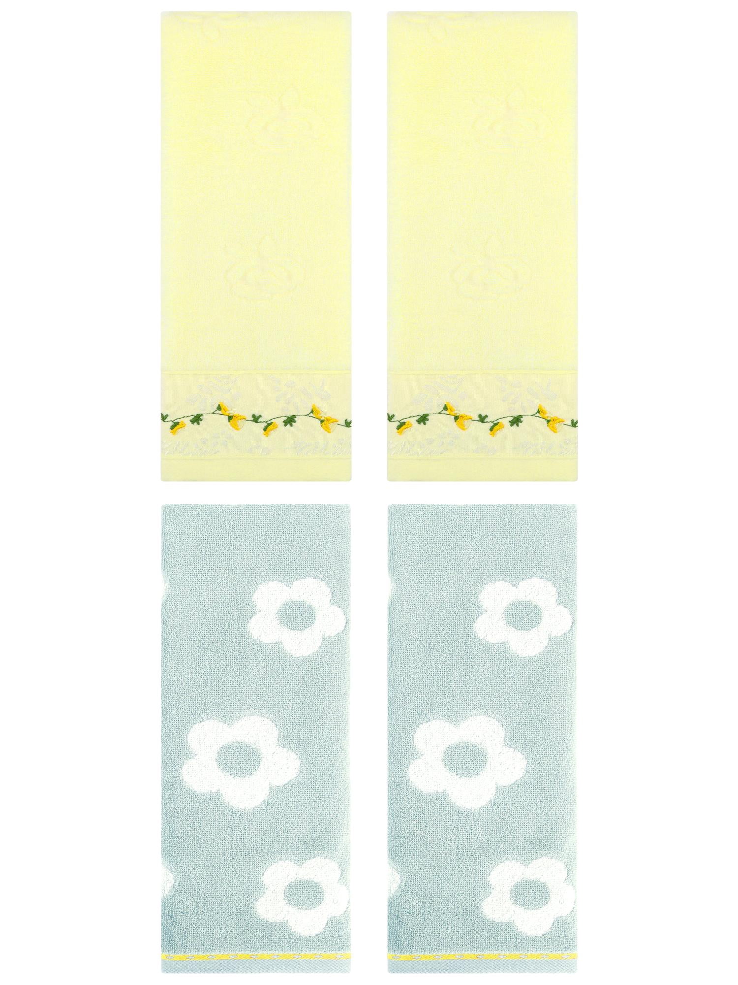 Unique Bargains Floral Soft Hand Towel 4 Pcs Green/Light Yellow 14" x 30"/13" x 29"