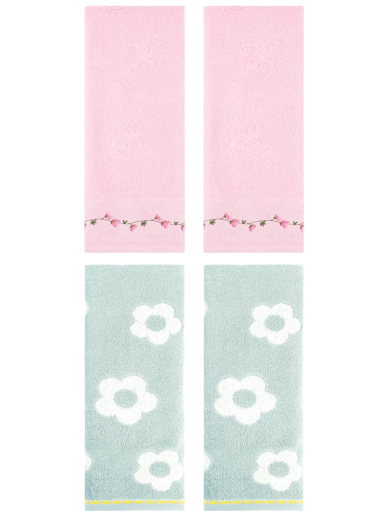 Unique Bargains Floral Soft Hand Towel 4 Pcs Green/Pink 14" x 30"/13" x 29"