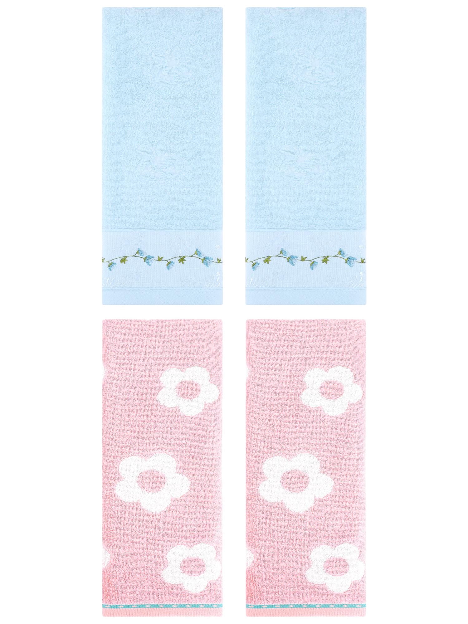 Unique Bargains Floral Soft Hand Towel 4 Pcs Pink/Blue 14" x 30"/13" x 29"