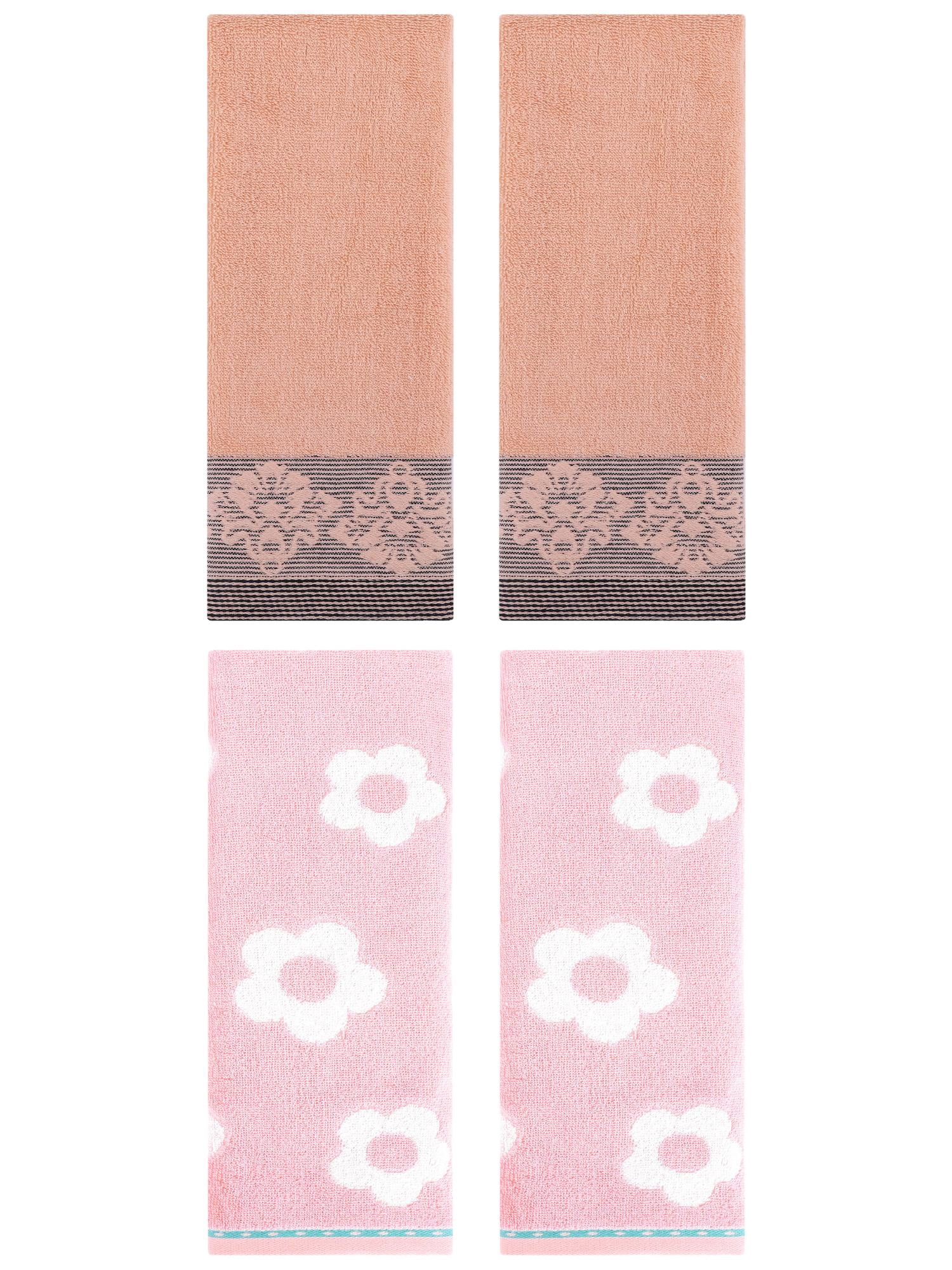 Unique Bargains Floral Soft Hand Towel 4 Pcs Pink/Brown 14" x 30"/13" x 29"