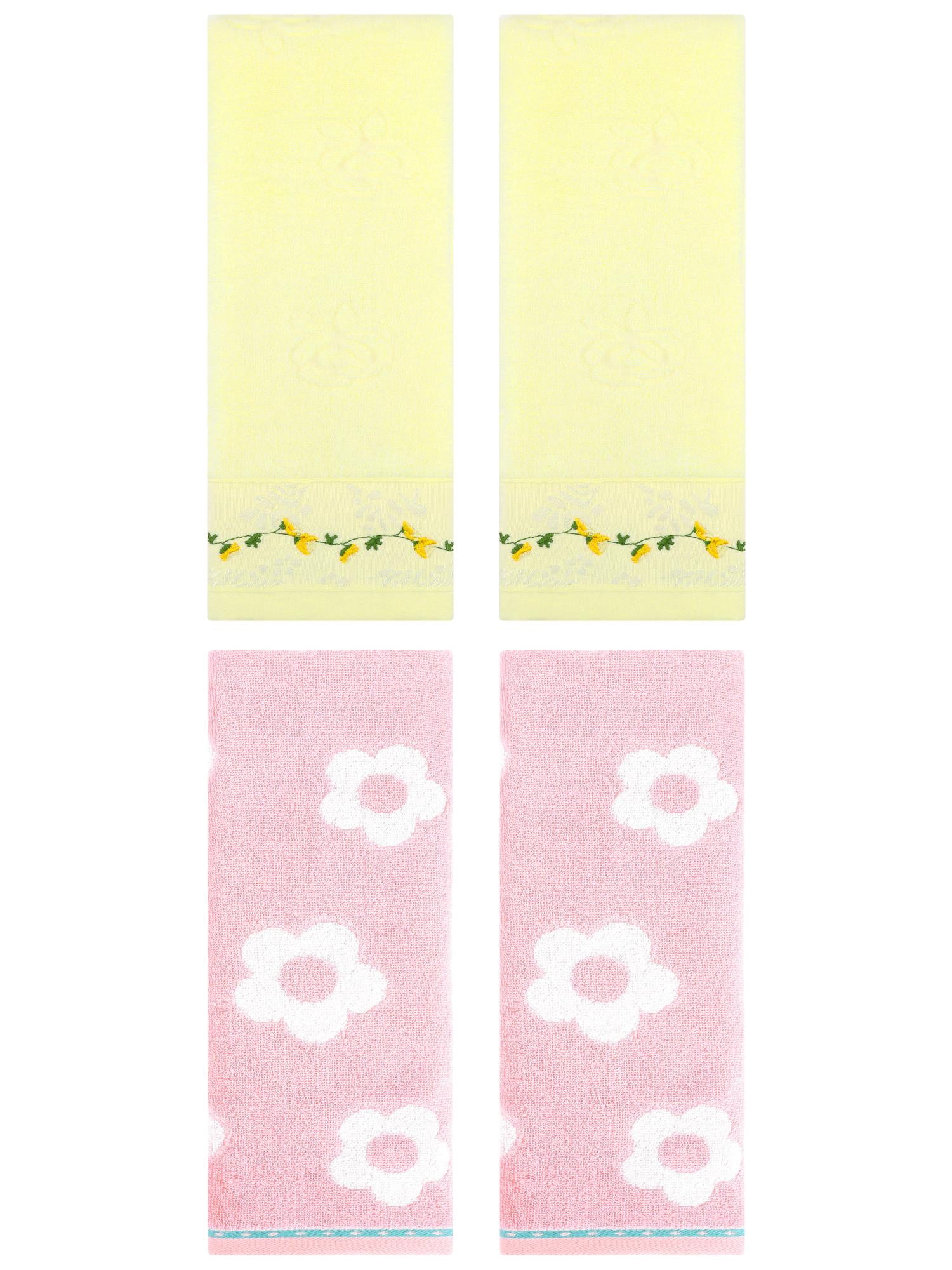 Unique Bargains Floral Soft Hand Towel 4 Pcs Pink/Light Yellow 14" x 30"/13" x 29"