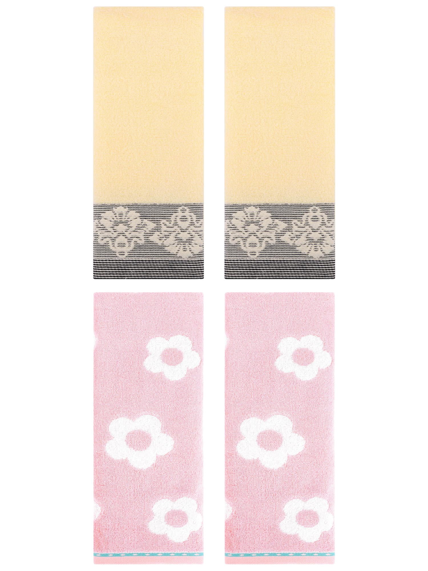 Unique Bargains Floral Soft Hand Towel 4 Pcs Pink/Yellow 14" x 30"/13" x 29"