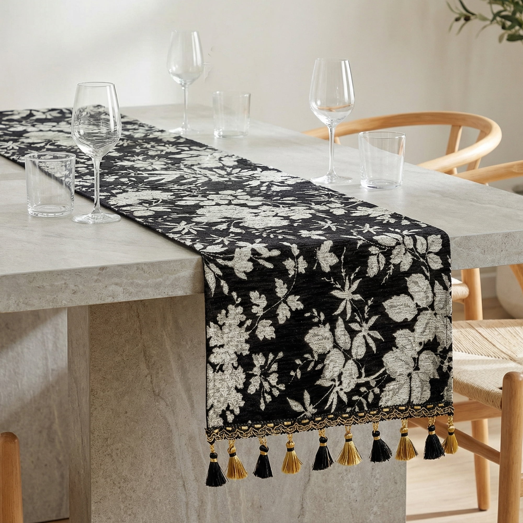 Unique Bargains Floral Table Decoration Kitchen Runner with Tassel Black 13.8x63in