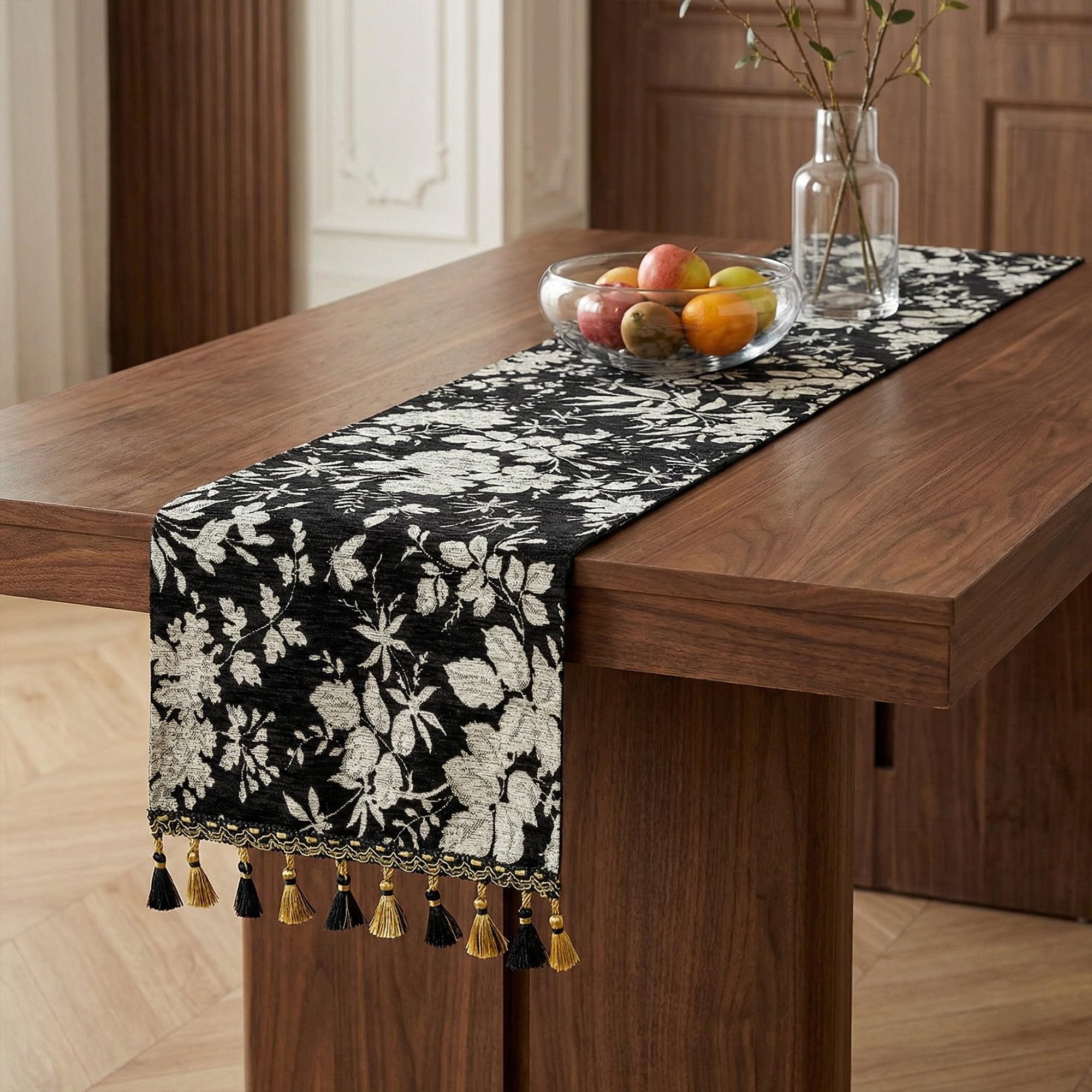 Unique Bargains Floral Table Decoration Kitchen Runner with Tassel Black 13.8x70.9in