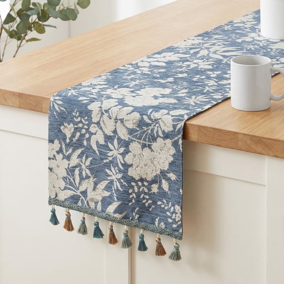 Unique Bargains Floral Table Decoration Kitchen Runner with Tassel Blue 13.8x63in