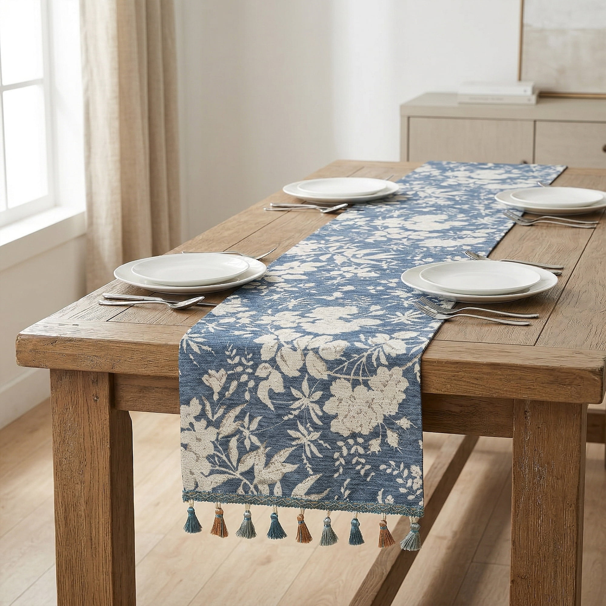 Unique Bargains Floral Table Decoration Kitchen Runner with Tassel Blue 13.8x70.9in