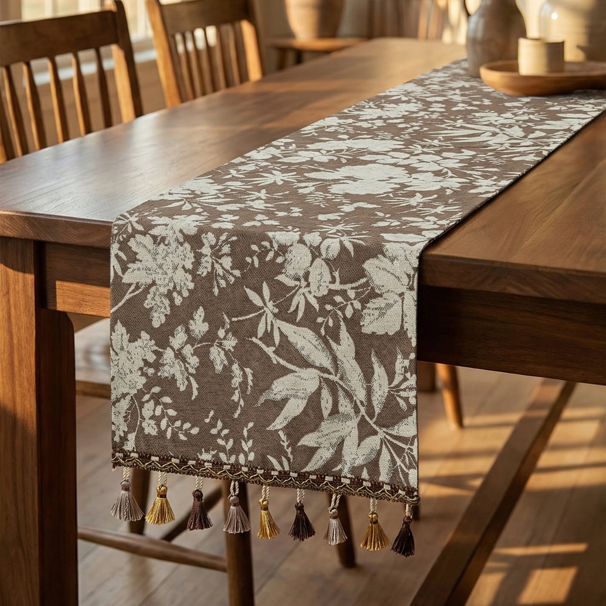Unique Bargains Floral Table Decoration Kitchen Runner with Tassel Coffee 13.8x70.9in