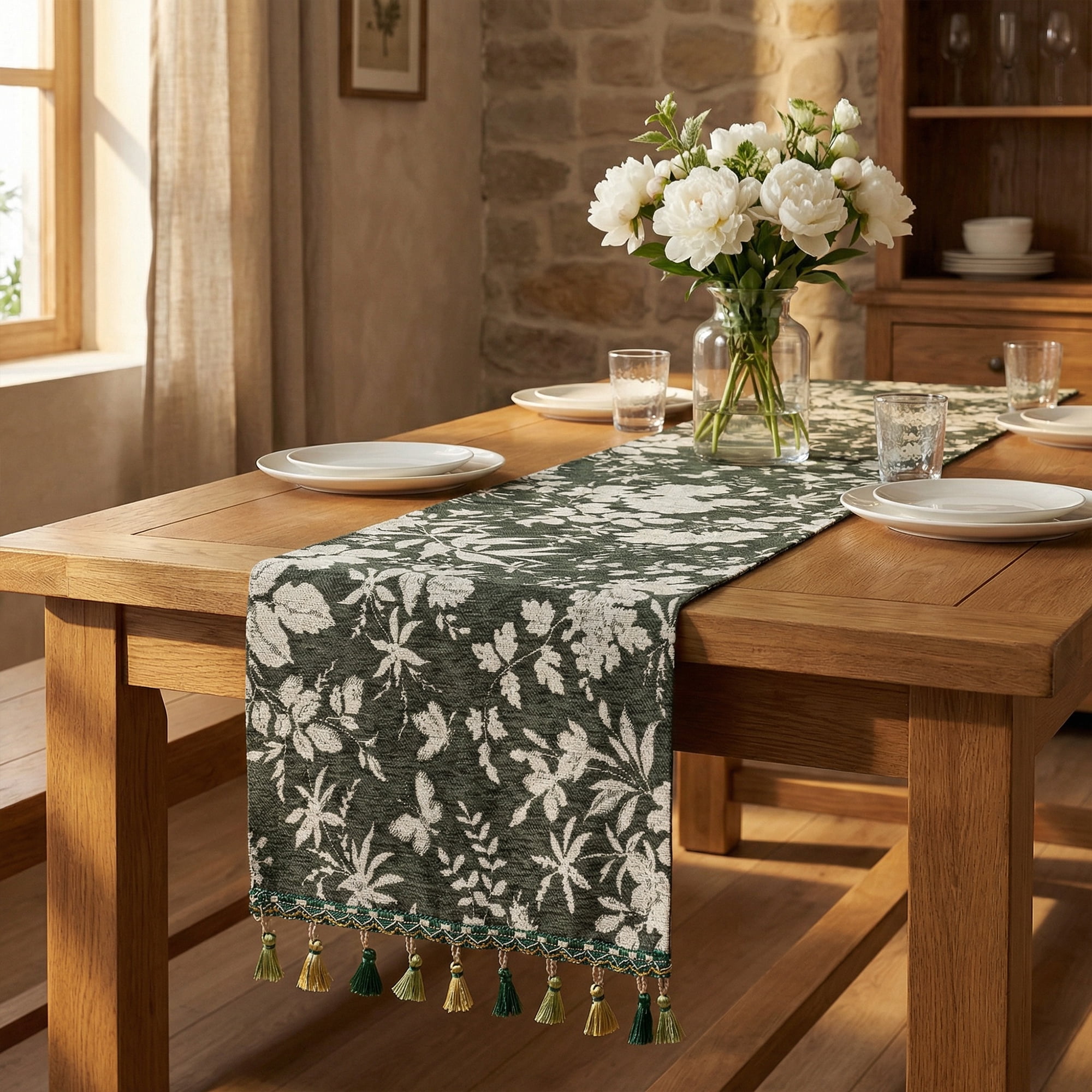 Unique Bargains Floral Table Decoration Kitchen Runner with Tassel Green 13.8x63in