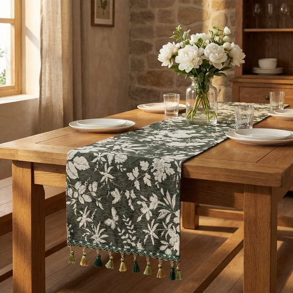 Unique Bargains Floral Table Decoration Kitchen Runner with Tassel Green 13.8x63in