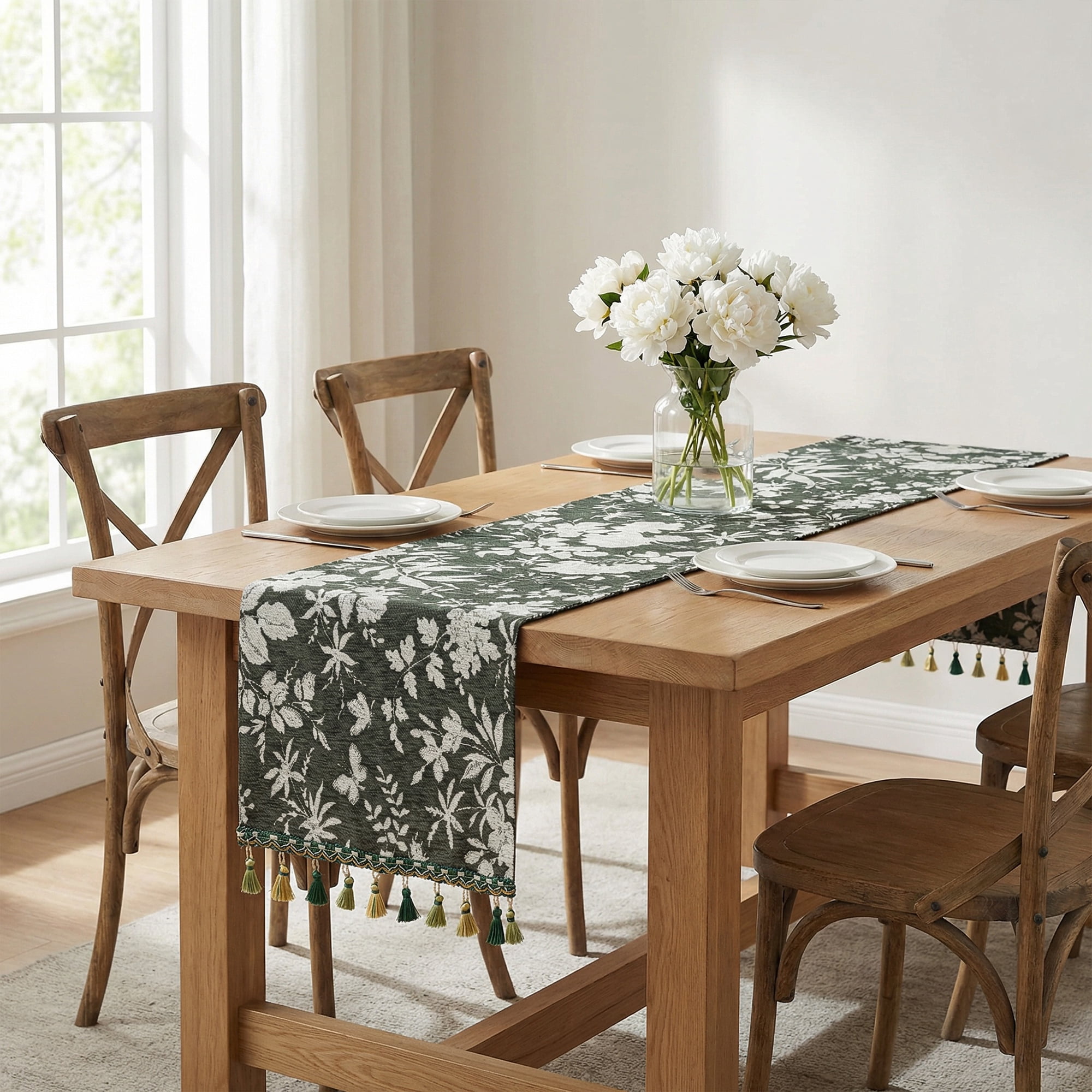 Unique Bargains Floral Table Decoration Kitchen Runner with Tassel Green 13.8x70.9in