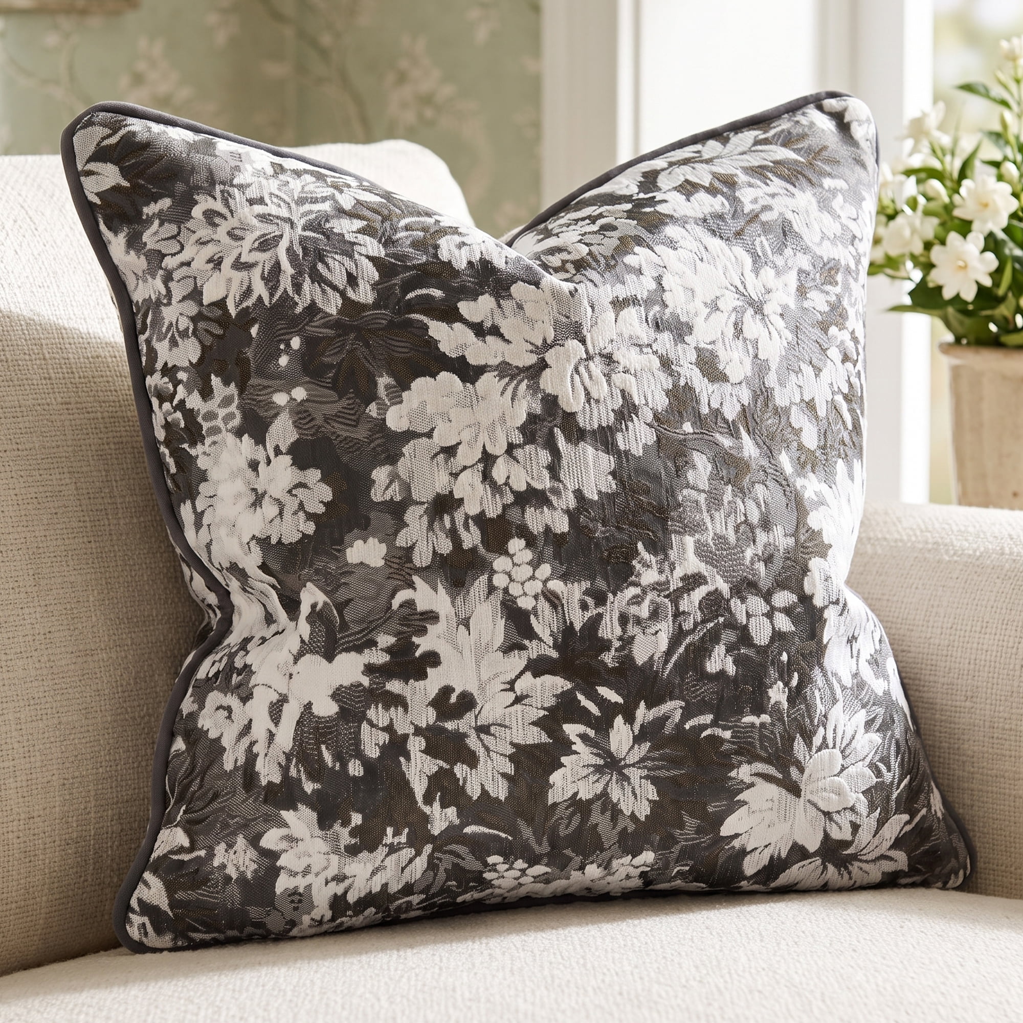 Unique Bargains Floral Throw Pillow Cover with Piped Edge Decor Cushion Case Black 18"x18"