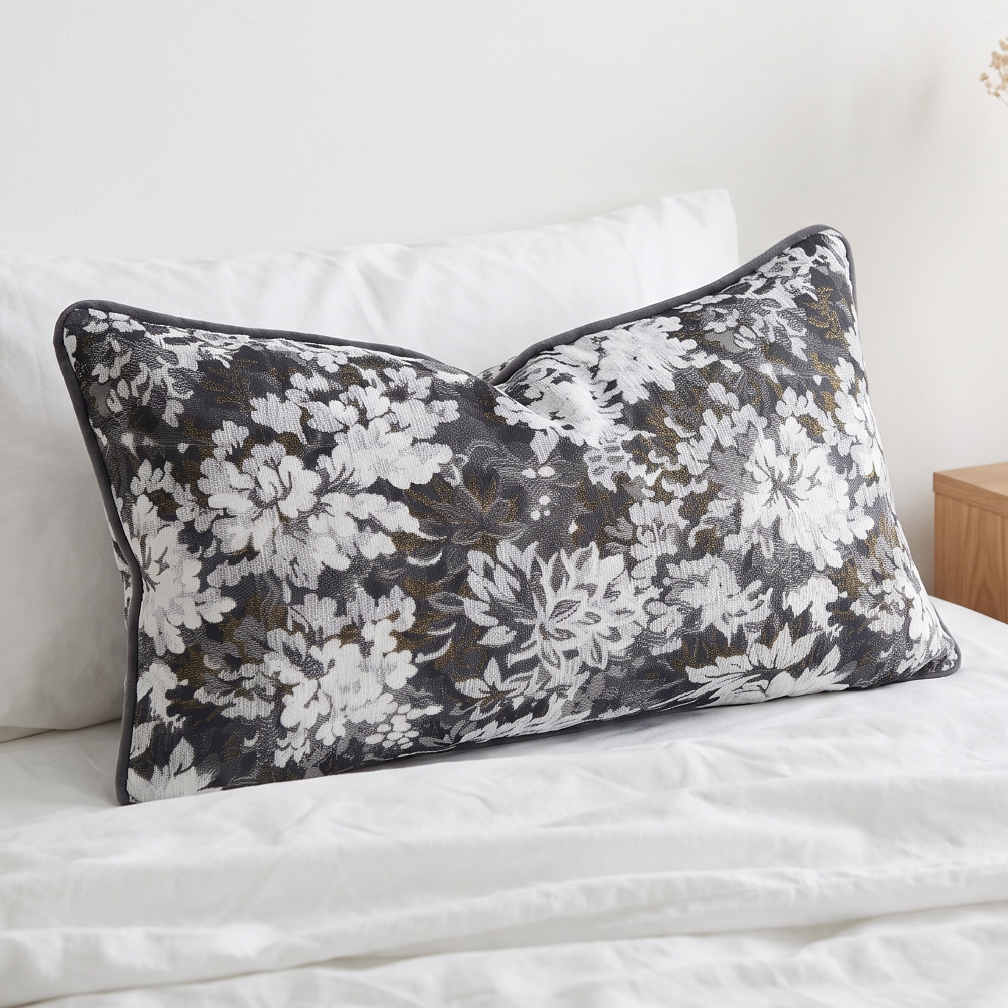 Unique Bargains Floral Throw Pillow Cover with Piped Edge Decor Cushion Case Black 20"x12"