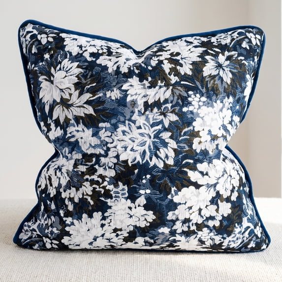 Unique Bargains Floral Throw Pillow Cover with Piped Edge Decor Cushion Case Blue 18"x18"