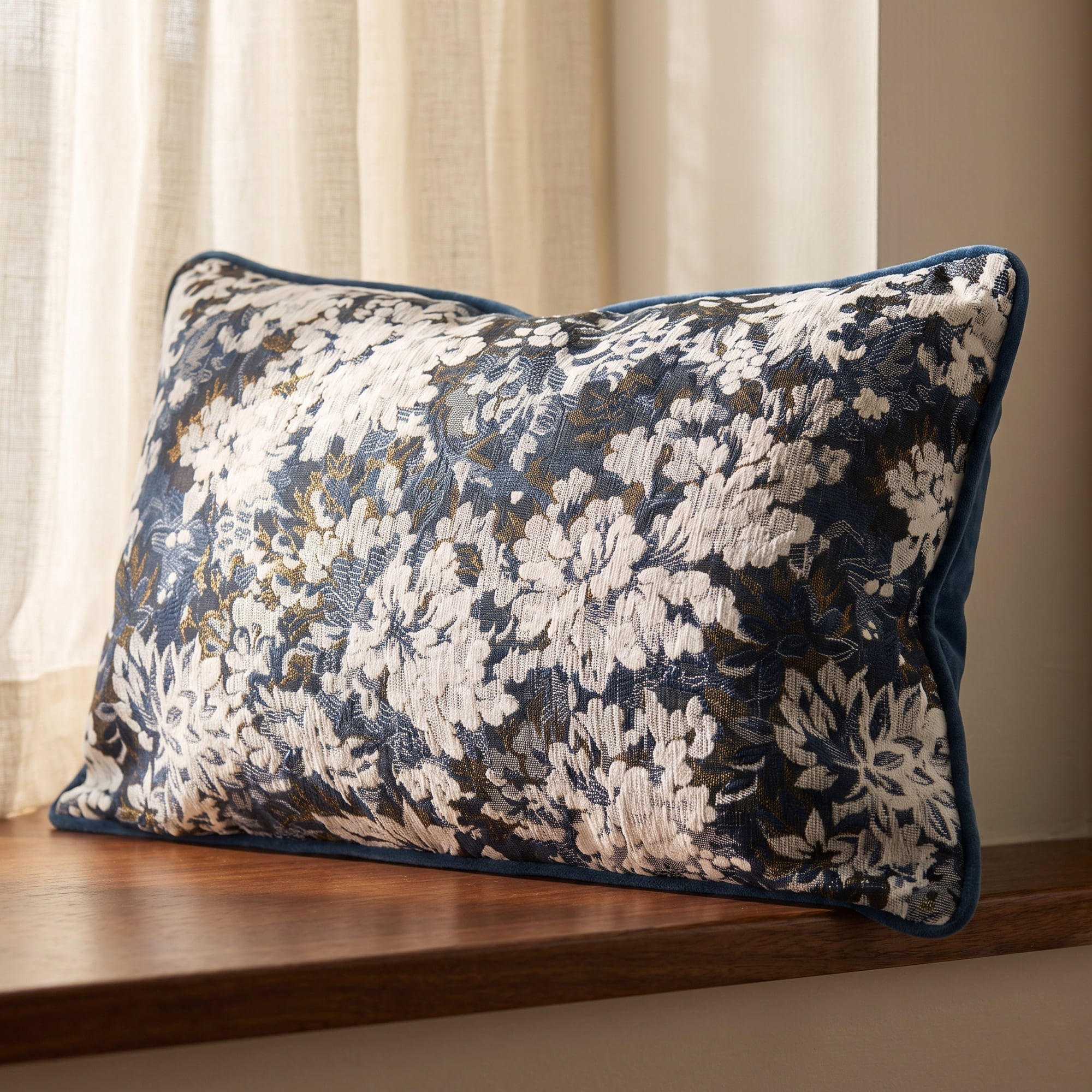 Unique Bargains Floral Throw Pillow Cover with Piped Edge Decor Cushion Case Blue 20"x12"