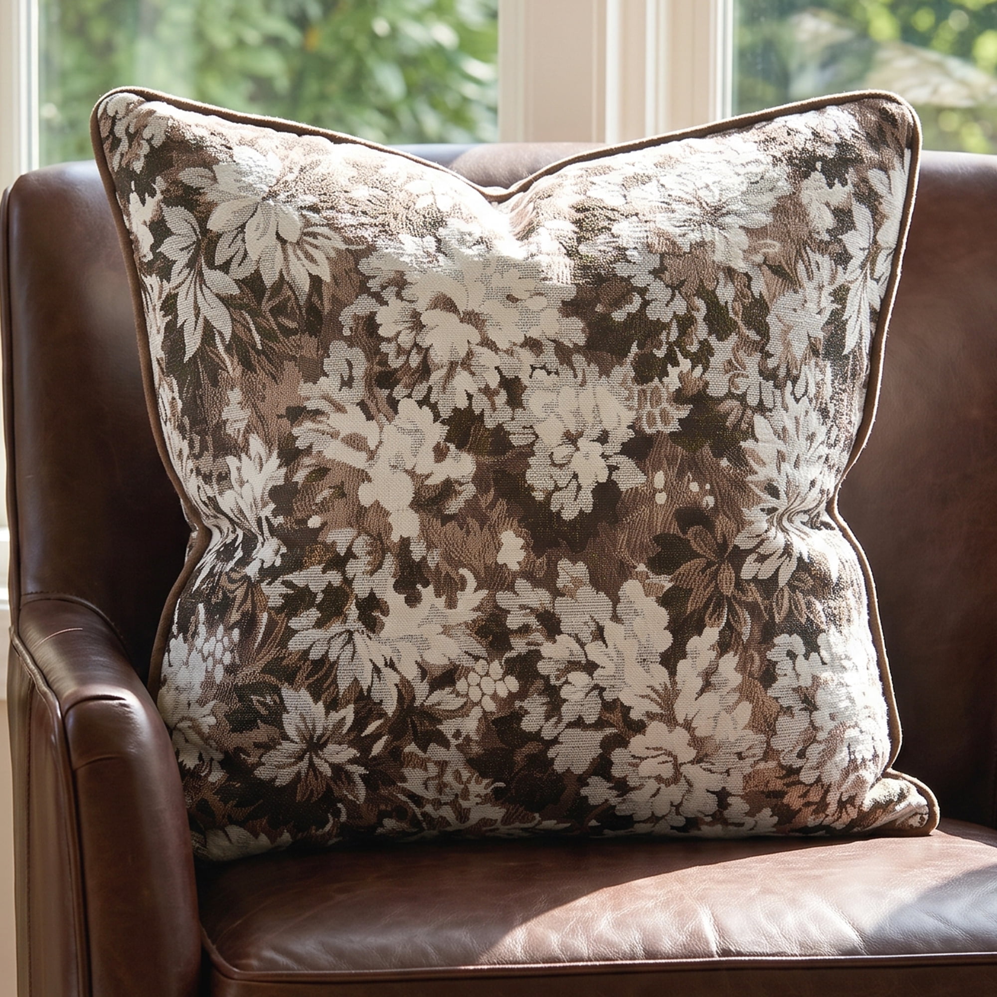 Unique Bargains Floral Throw Pillow Cover with Piped Edge Decor Cushion Case Brown 18"x18"