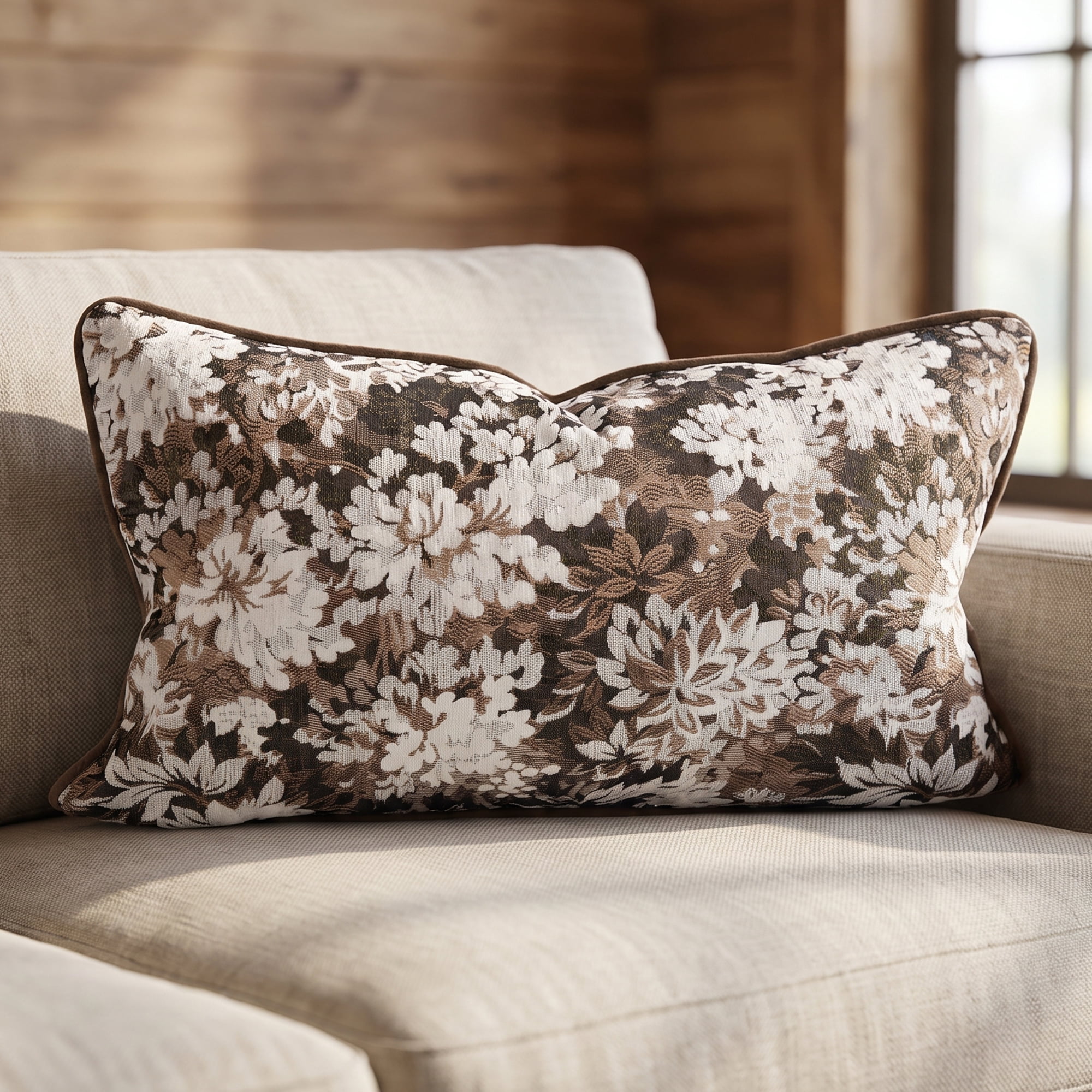 Unique Bargains Floral Throw Pillow Cover with Piped Edge Decor Cushion Case Brown 20"x12"