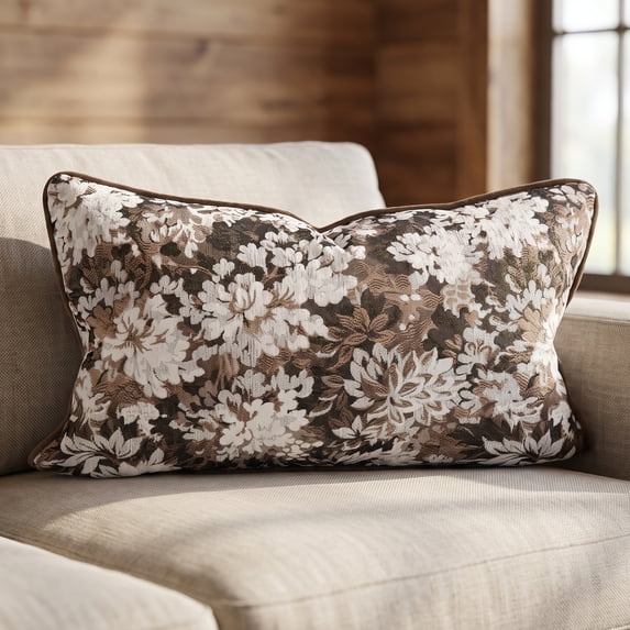 Unique Bargains Floral Throw Pillow Cover with Piped Edge Decor Cushion Case Brown 20"x12"