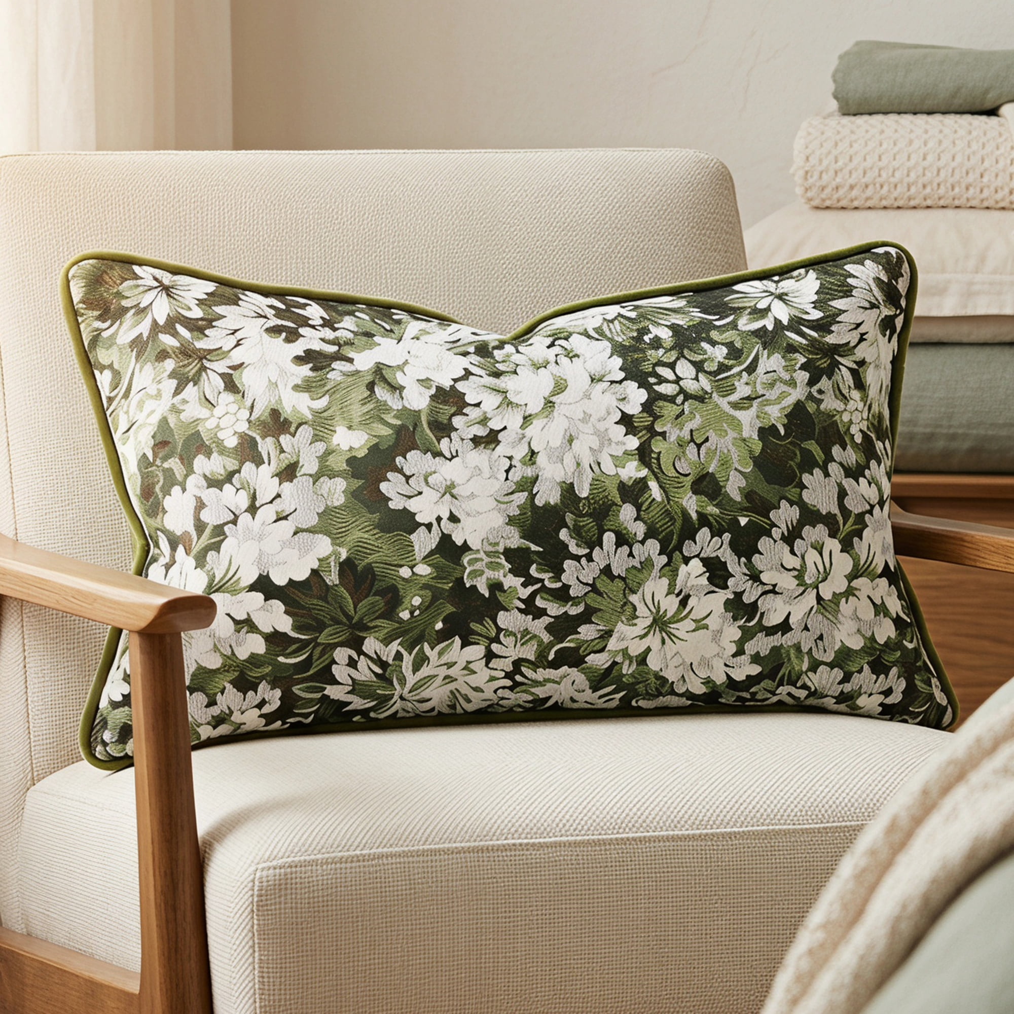 Unique Bargains Floral Throw Pillow Cover with Piped Edge Decor Cushion Case Green 20"x12"