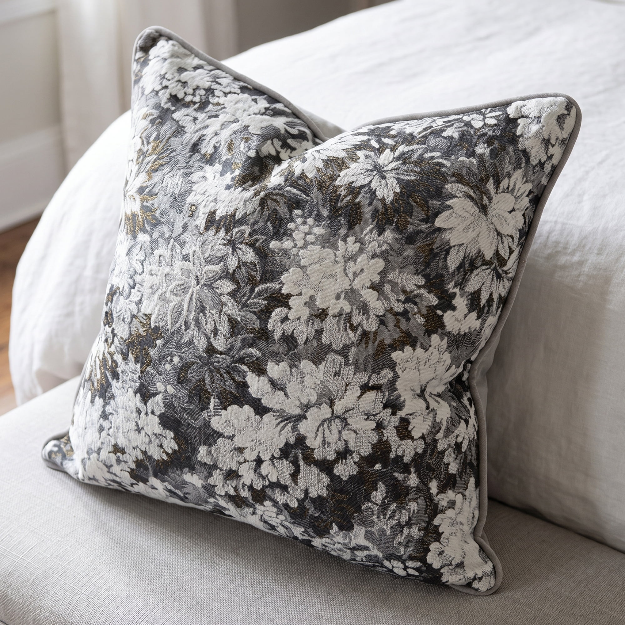 Unique Bargains Floral Throw Pillow Cover with Piped Edge Decor Cushion Case Grey 18"x18"