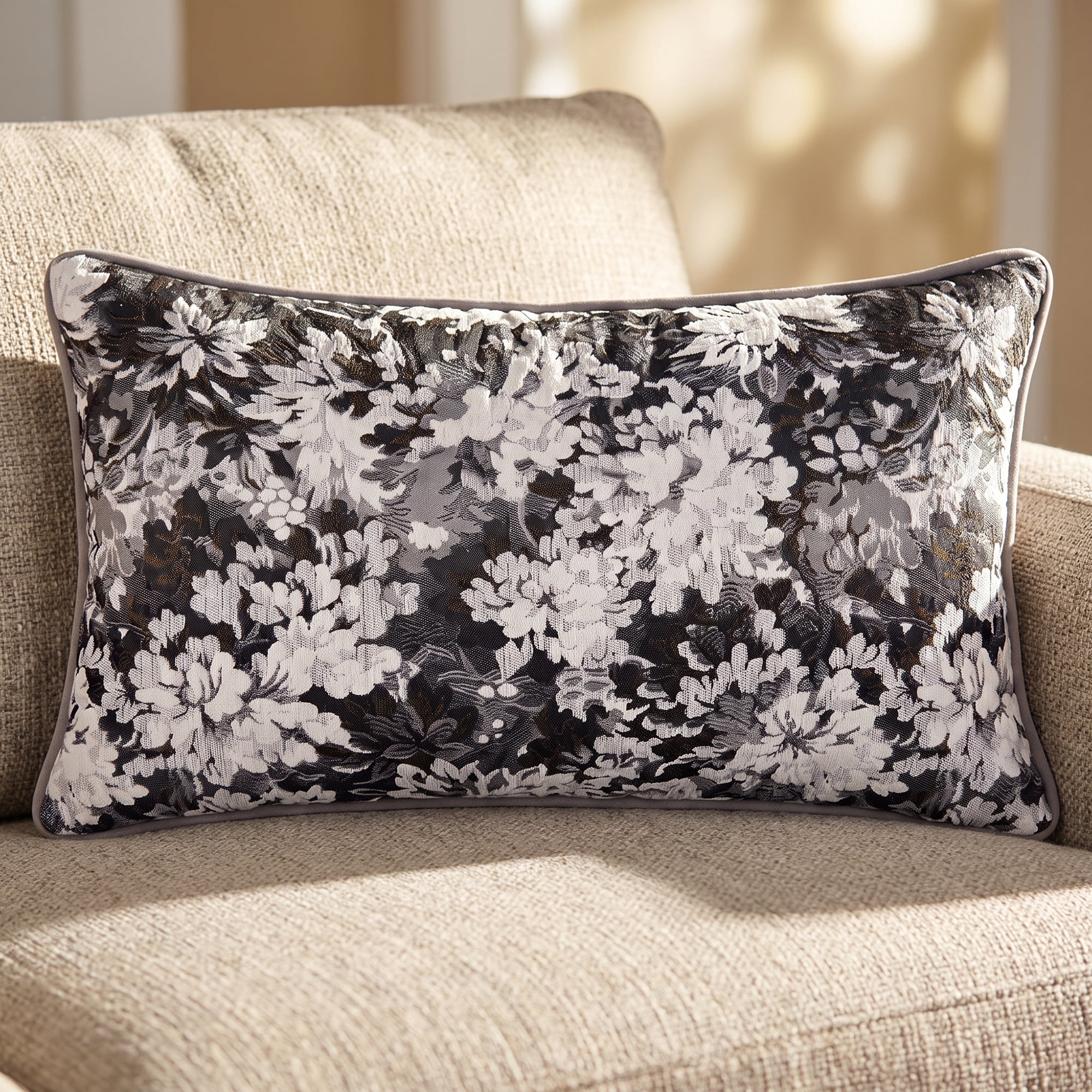 Unique Bargains Floral Throw Pillow Cover with Piped Edge Decor Cushion Case Grey 20"x12"