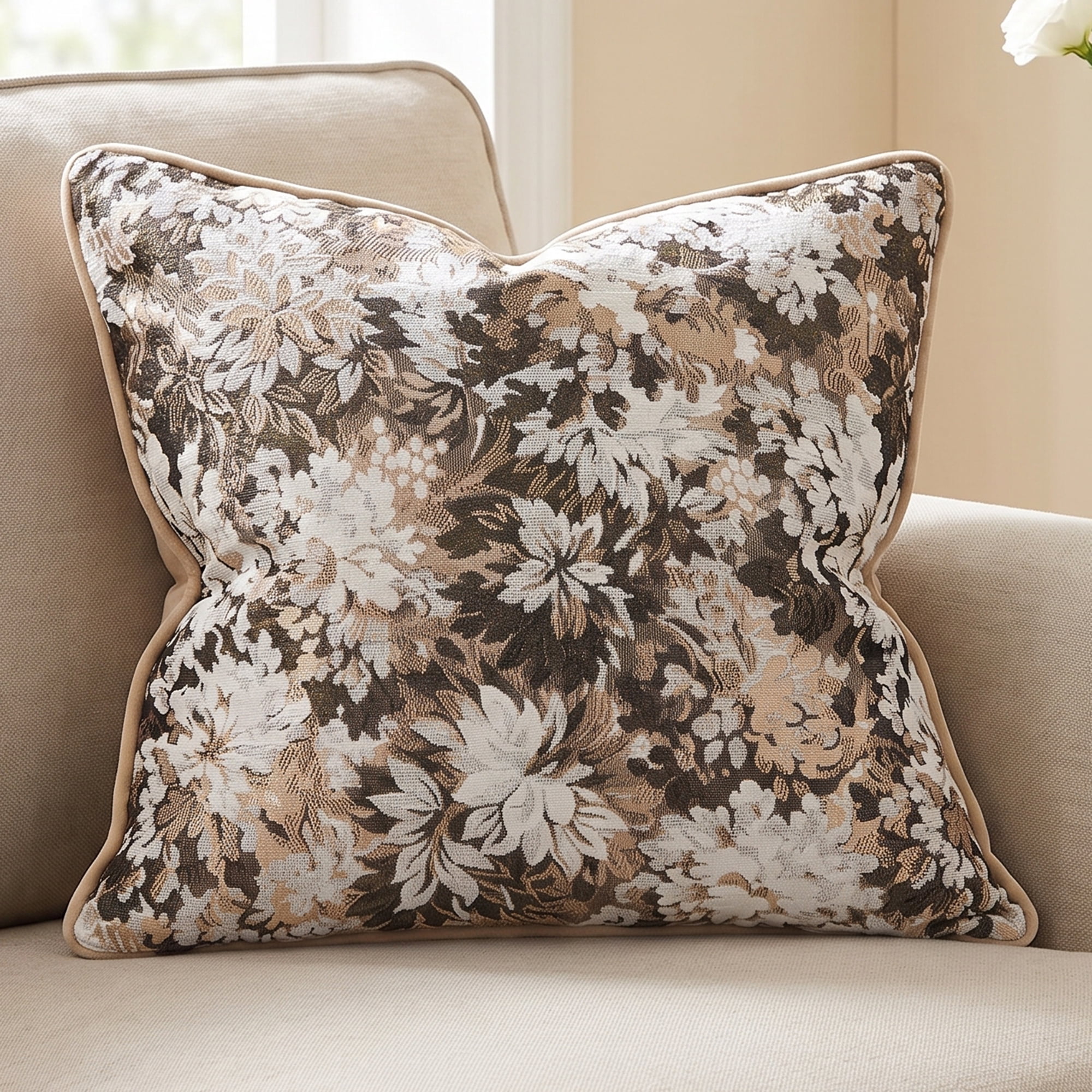 Unique Bargains Floral Throw Pillow Cover with Piped Edge Decor Cushion Case Khaki 18"x18"