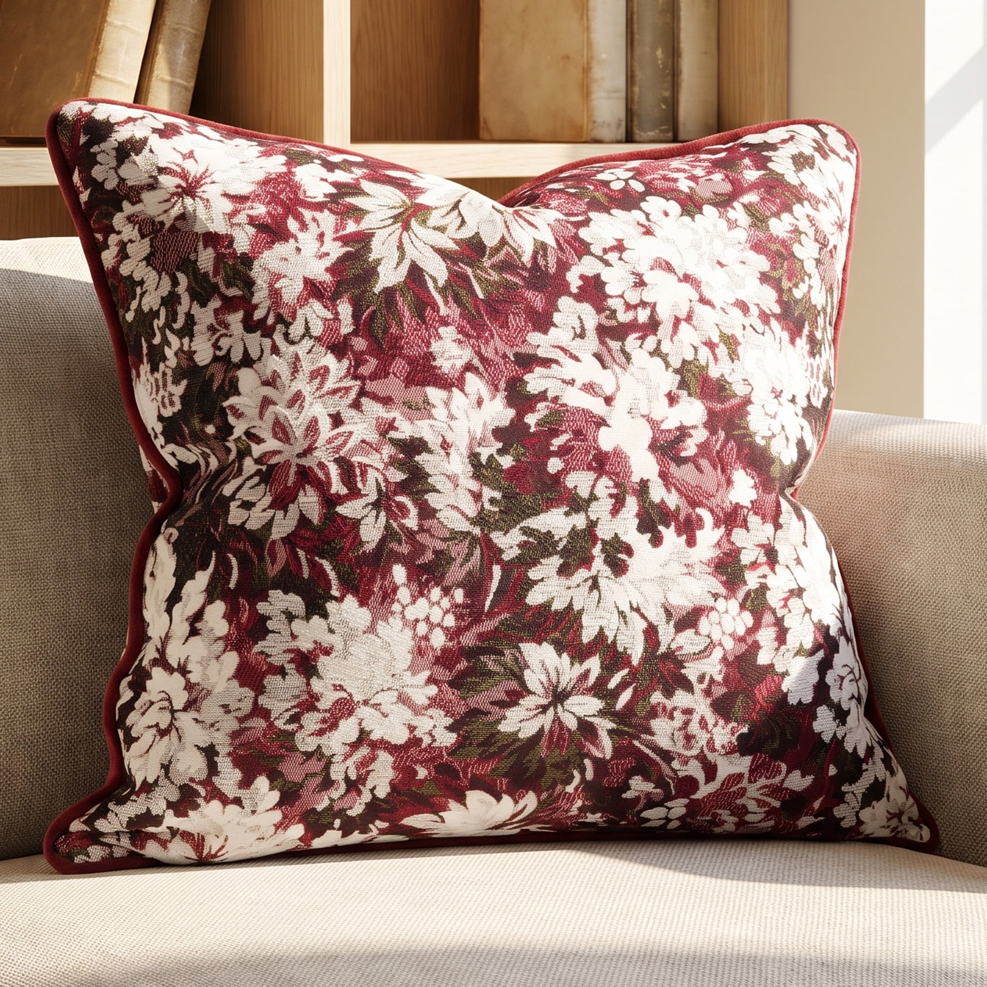 Unique Bargains Floral Throw Pillow Cover with Piped Edge Decor Cushion Case Red 18" x 18"