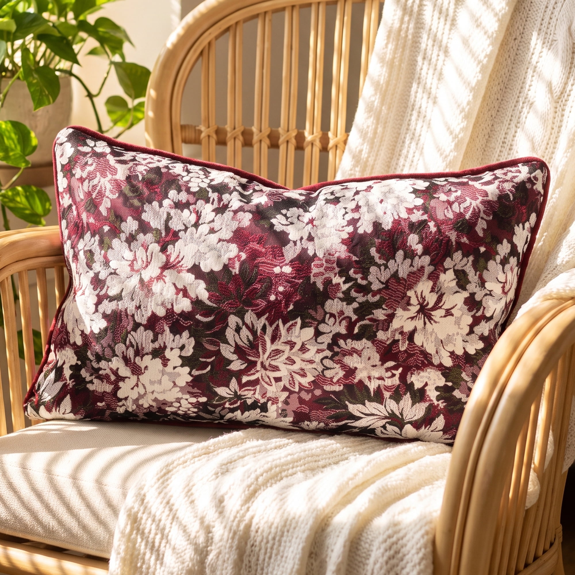 Unique Bargains Floral Throw Pillow Cover with Piped Edge Decor Cushion Case Red 20" x 12"