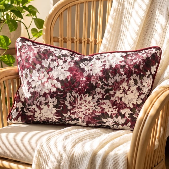 Unique Bargains Floral Throw Pillow Cover with Piped Edge Decor Cushion Case Red 20" x 12"