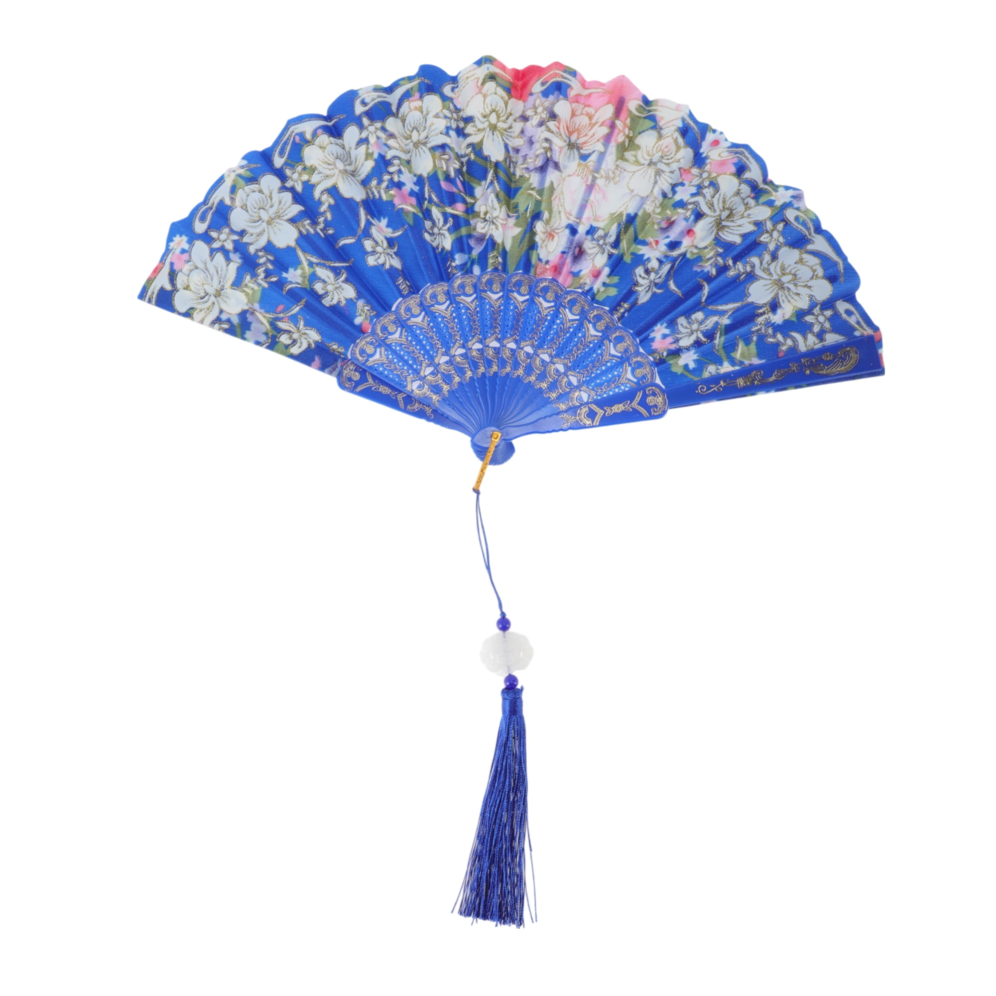 Unique Bargains Floral With Tassel Folding Fan 1Pc Blue