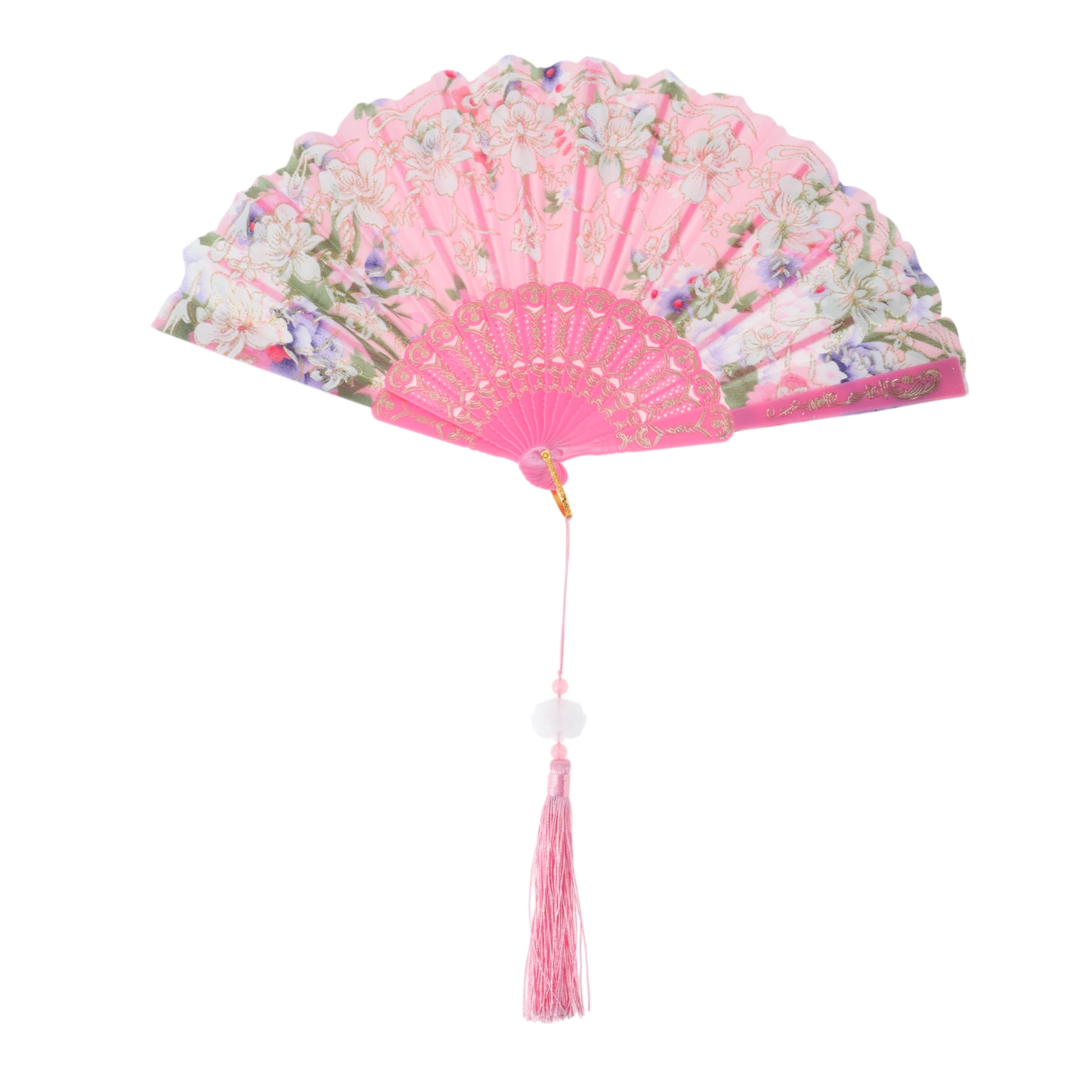 Unique Bargains Floral With Tassel Folding Fan 1Pc Pink