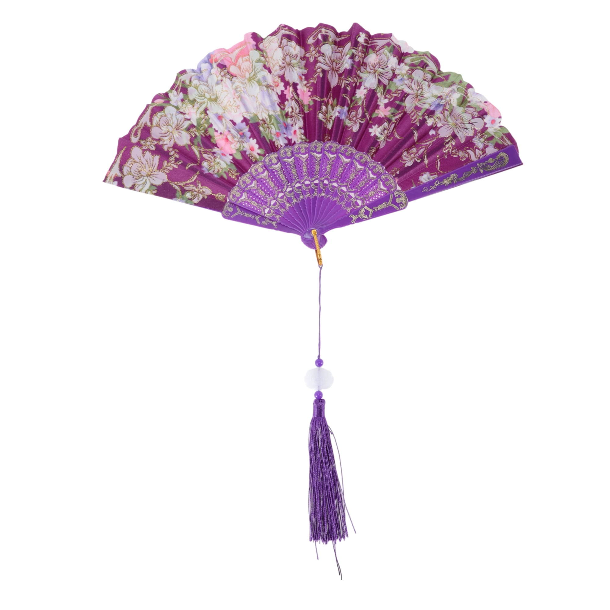 Unique Bargains Floral With Tassel Folding Fan 1Pc Purple