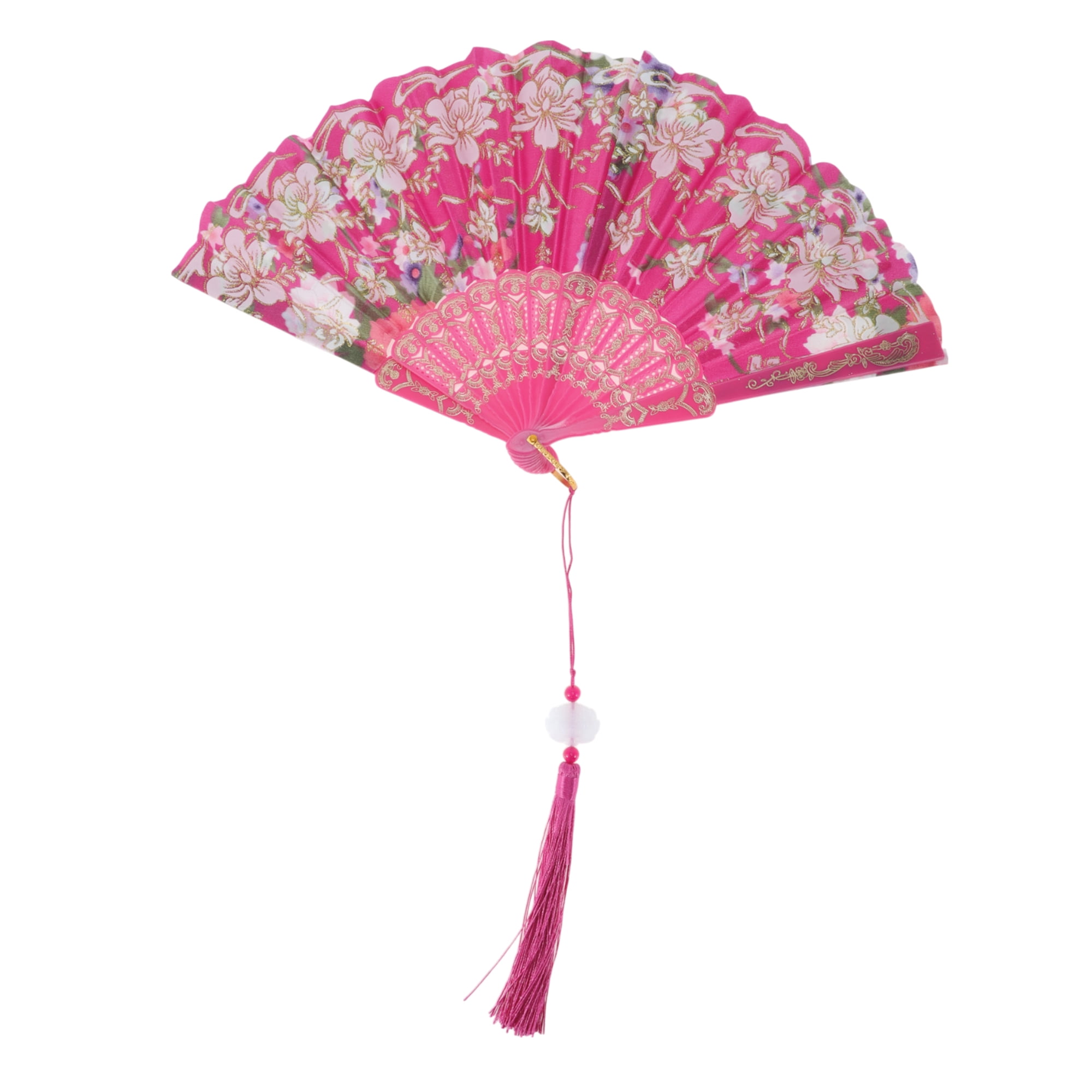 Unique Bargains Floral With Tassel Folding Fan 1Pc Rose Red
