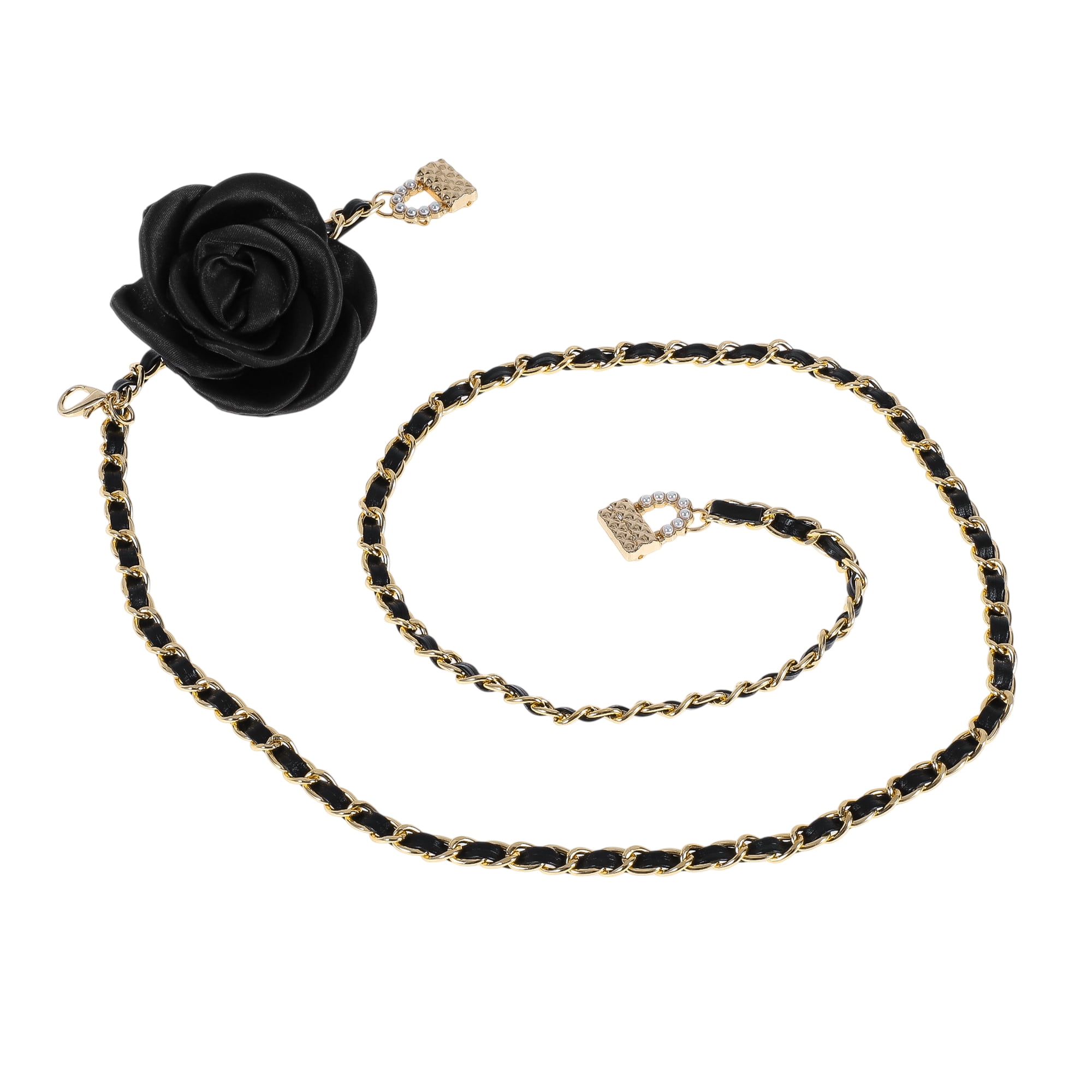 Unique Bargains Flower Adjustable Waist Belt with Adjustable Clasp Design Gold Tone, Black