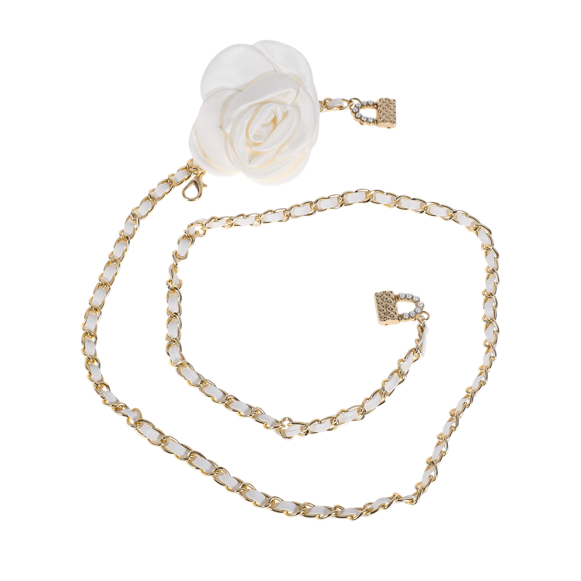 Unique Bargains Flower Adjustable Waist Belt with Adjustable Clasp Design Gold Tone, White