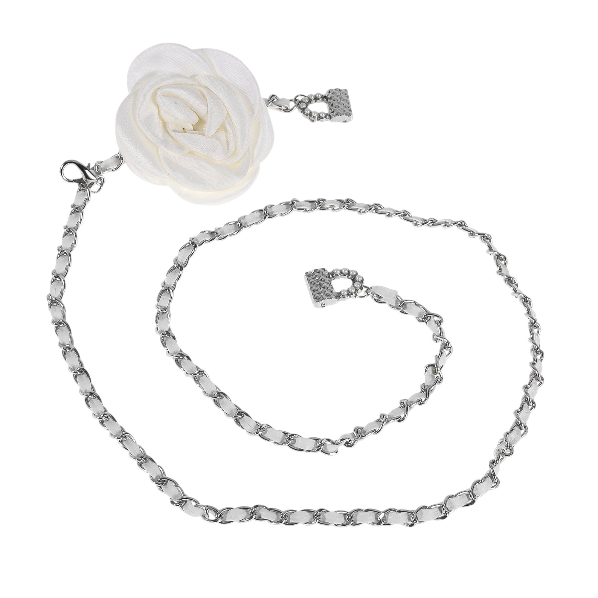 Unique Bargains Flower Adjustable Waist Belt with Adjustable Clasp Silver Tone White